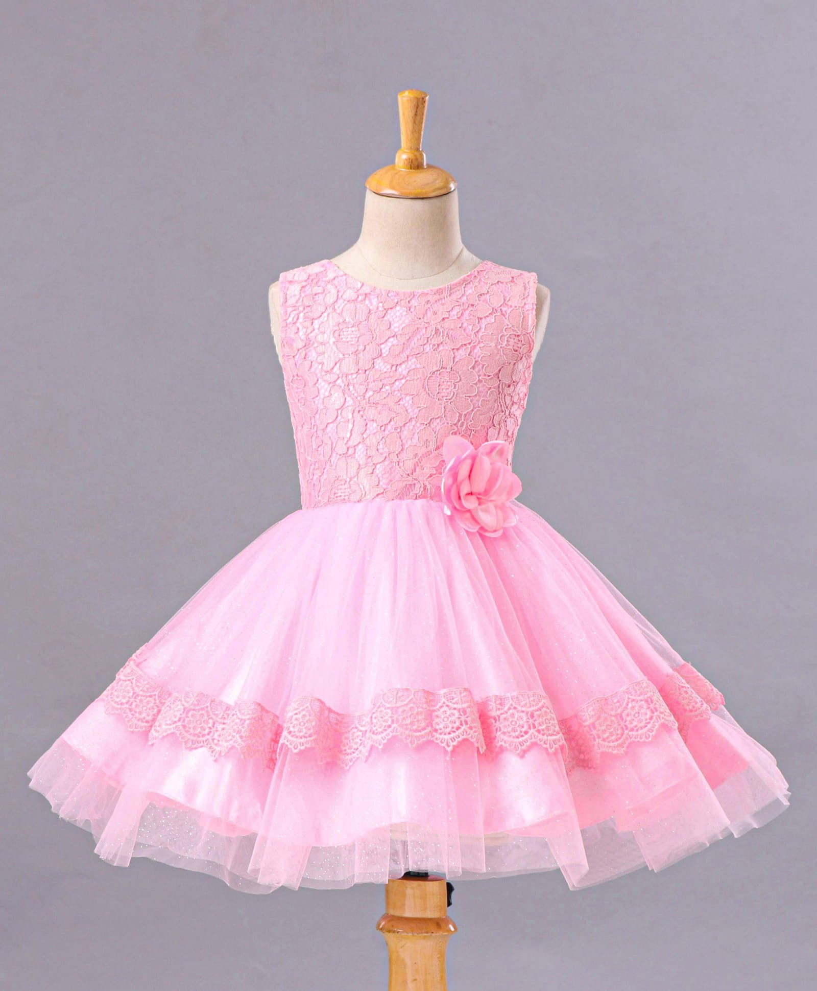 Enfance Net Knit Sleeveless Mesh Yoke Fit & Flare Party Dress with Floral Applique & Lace Detailing - Pink-image-39