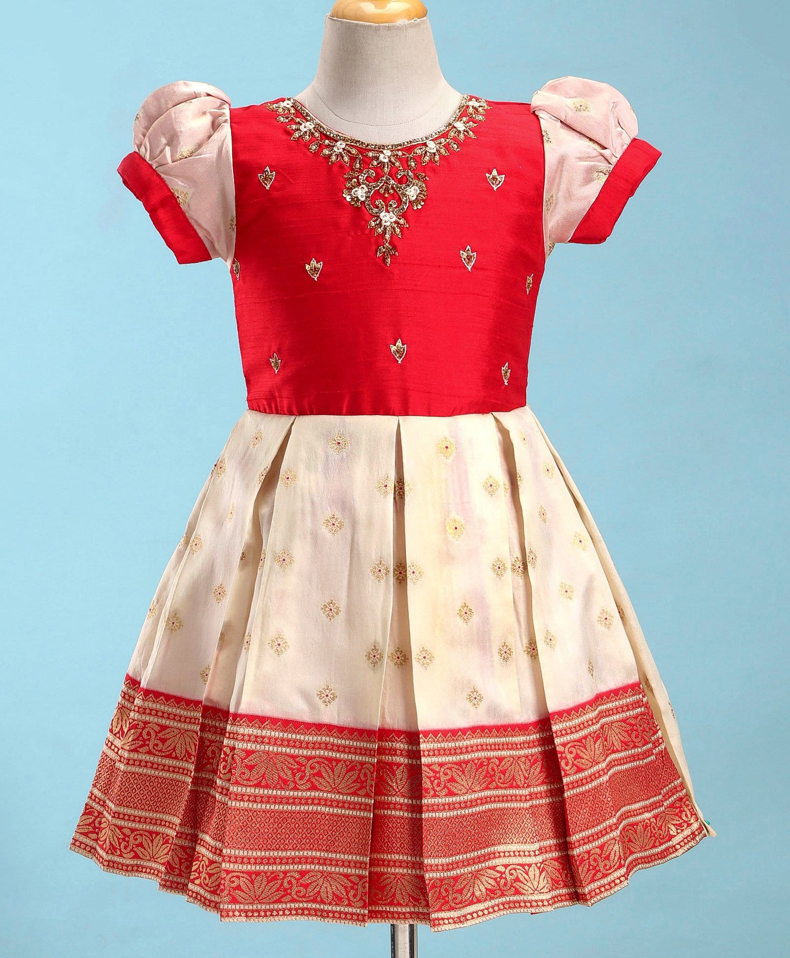 Enfance Silk Woven Half Puffed Sleeves Floral Embroidered & Foil Printed Pleated Pattu Pavadai Dress - Cream-picture-12