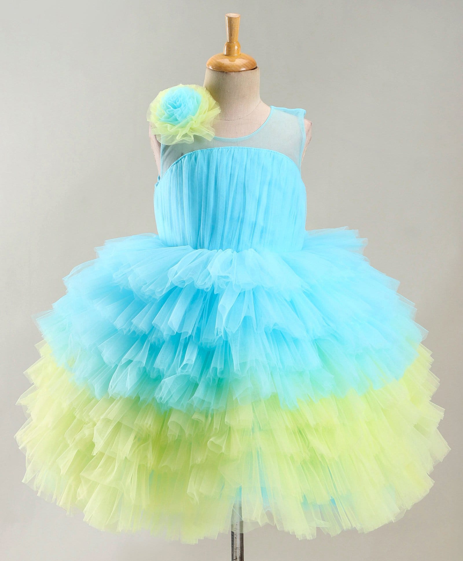 Enfance Net Woven Sleeveless Double Shade Ruffle Party Dress With Floral Applique - Green-image-2