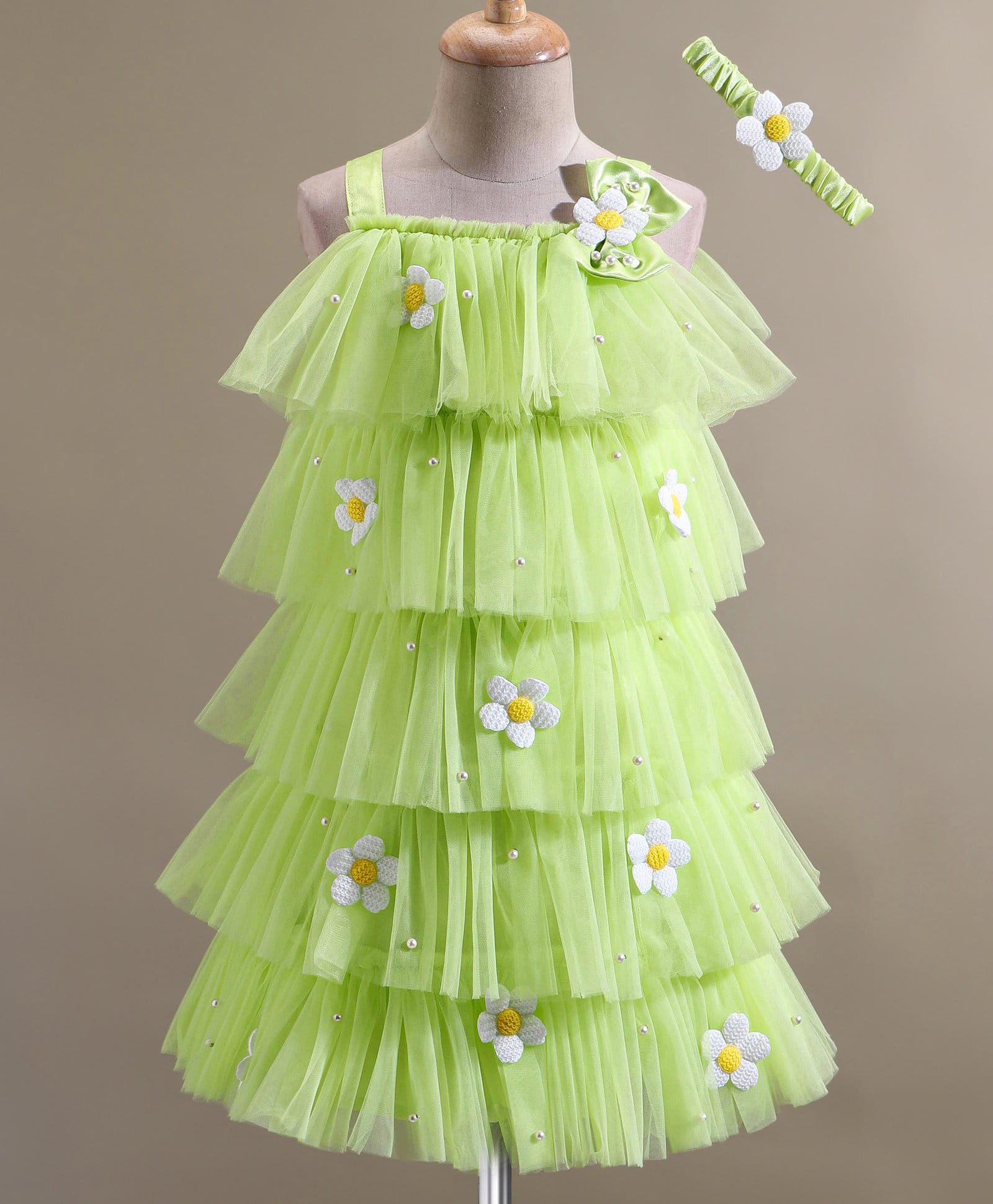 Enfance Net Woven Sleeveless Layered Flower Embellished Dress With Headband- Light Green-picture-24