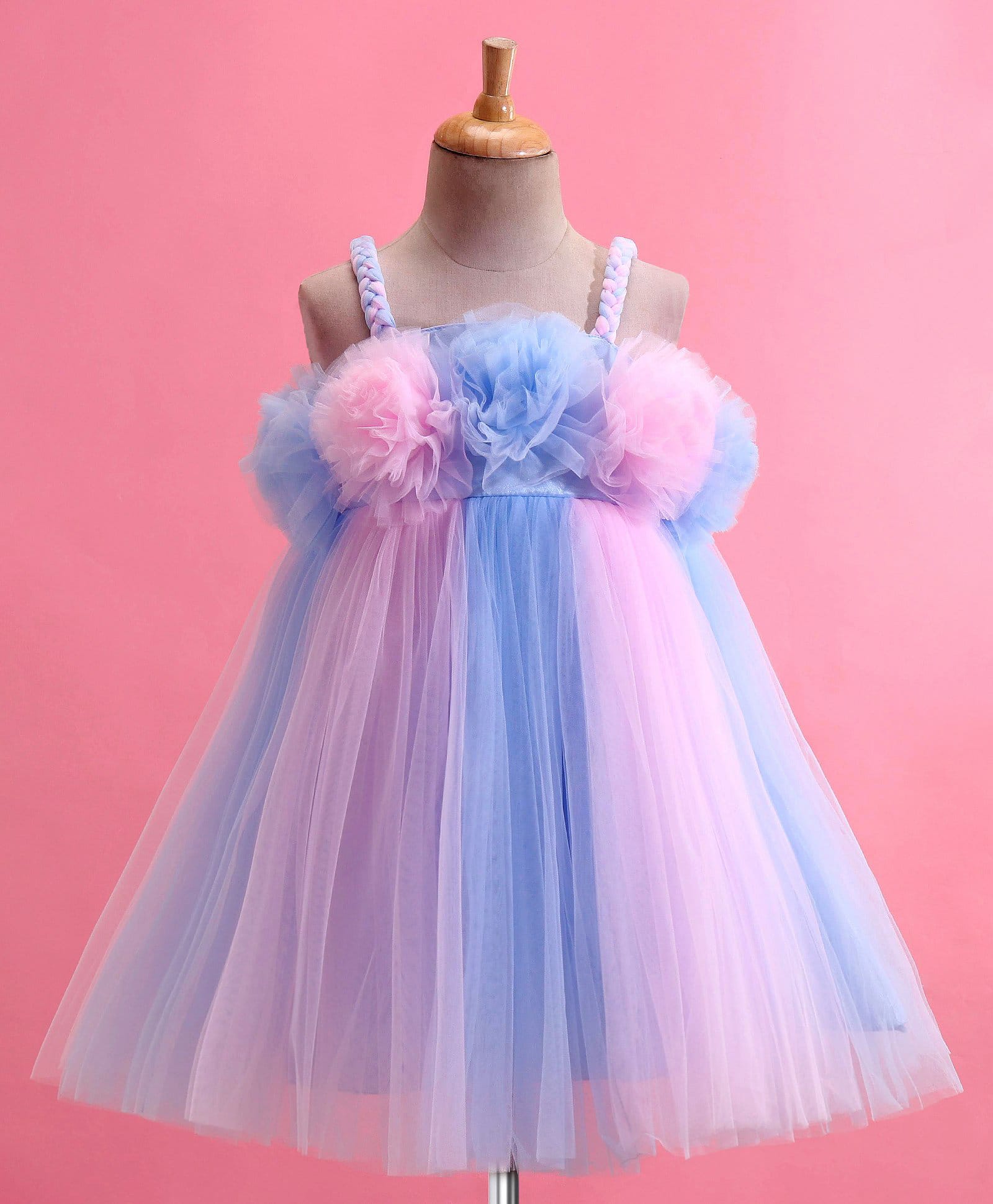 Enfance Net Woven Sleeveless Party Dress With Floral Corsage - Blue-picture-14