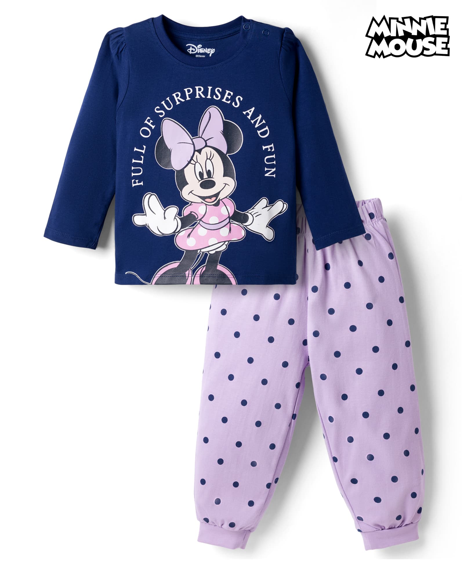 Babyhug Disney Single Jersey Knit Full Sleeves T-Shirt & Pajama Night Suit with Minnie Mouse Graphics - Navy Blue-image-43