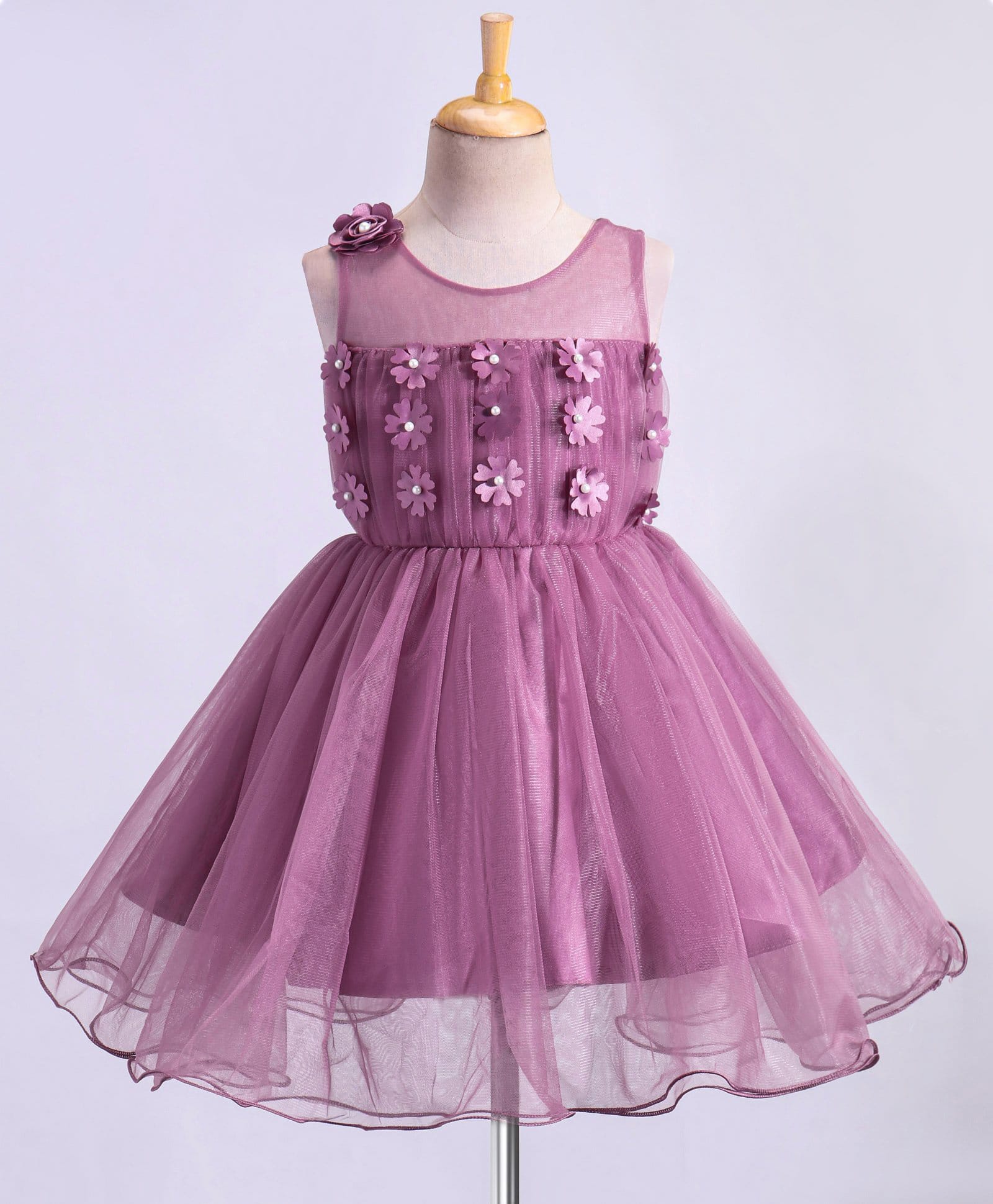 Enfance Net Woven Sleeveless Party Dress with Floral Applique & Embellishment - Mauve-picture-26