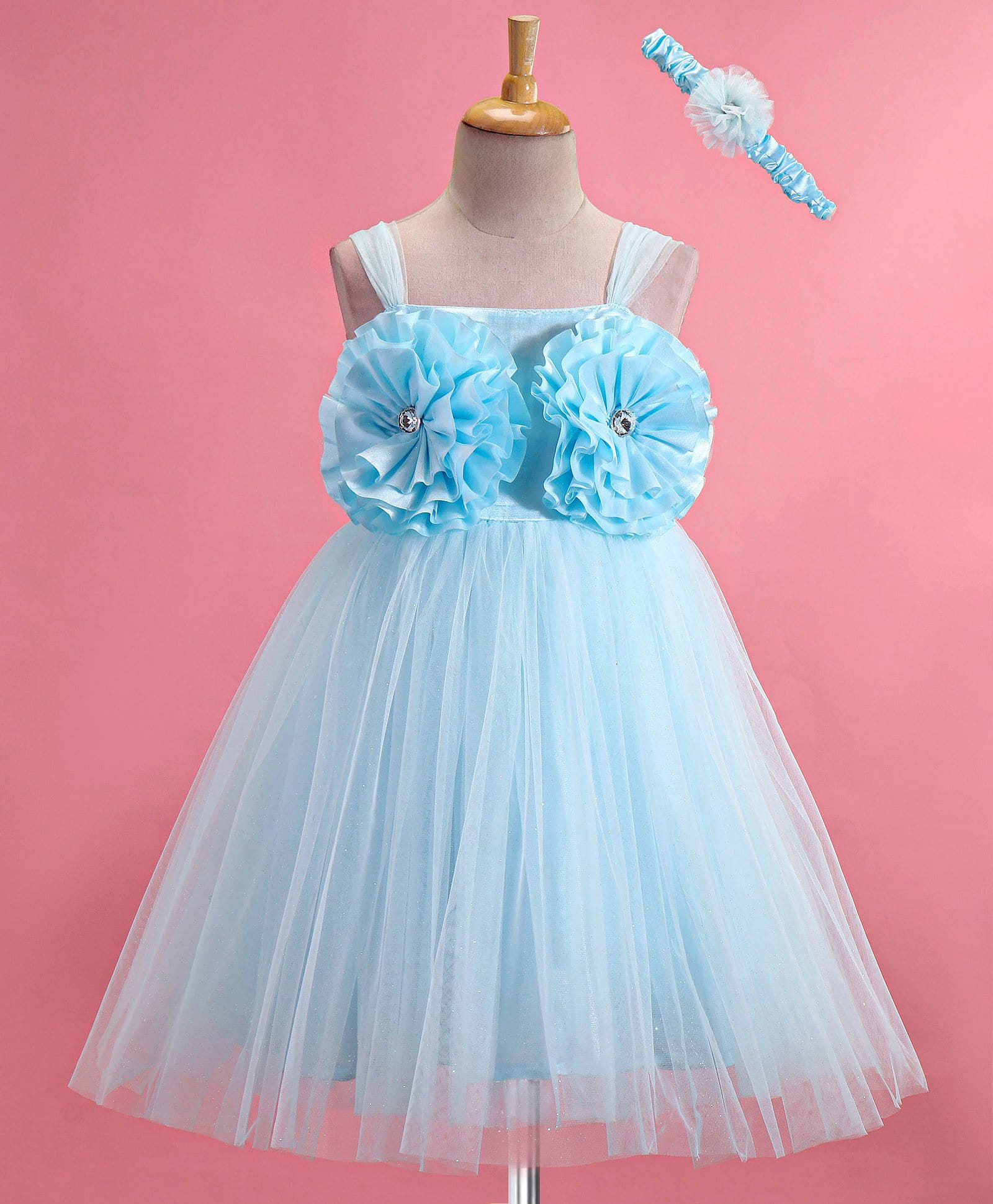 Enfance Net Woven Sleeveless Party Dress With Floral Applique & Headband - Light Blue-image-37