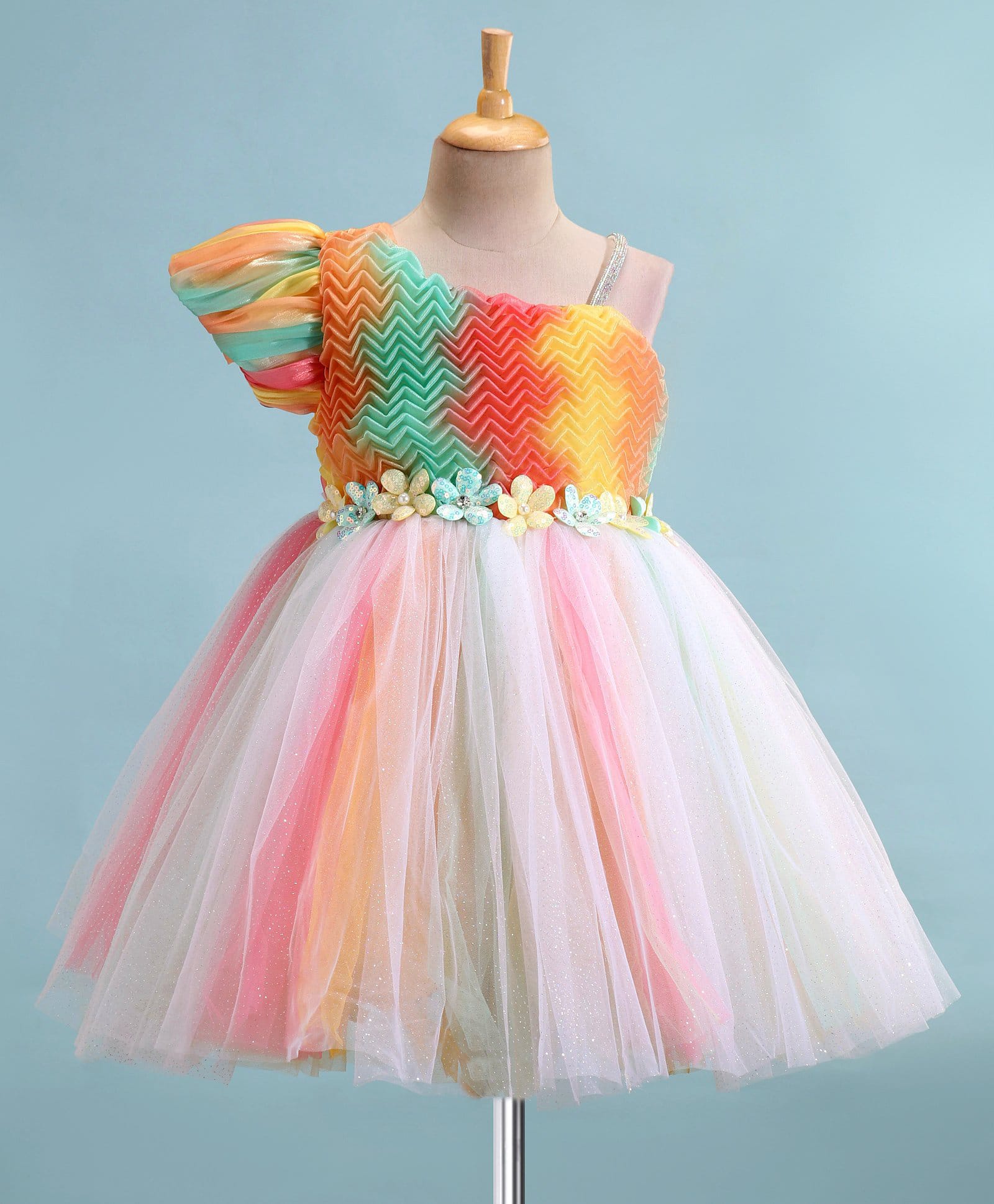 Enfance Net Woven One-Shoulder Party Dress with Floral Corsage & Embellishment -Light Yellow-picture-33