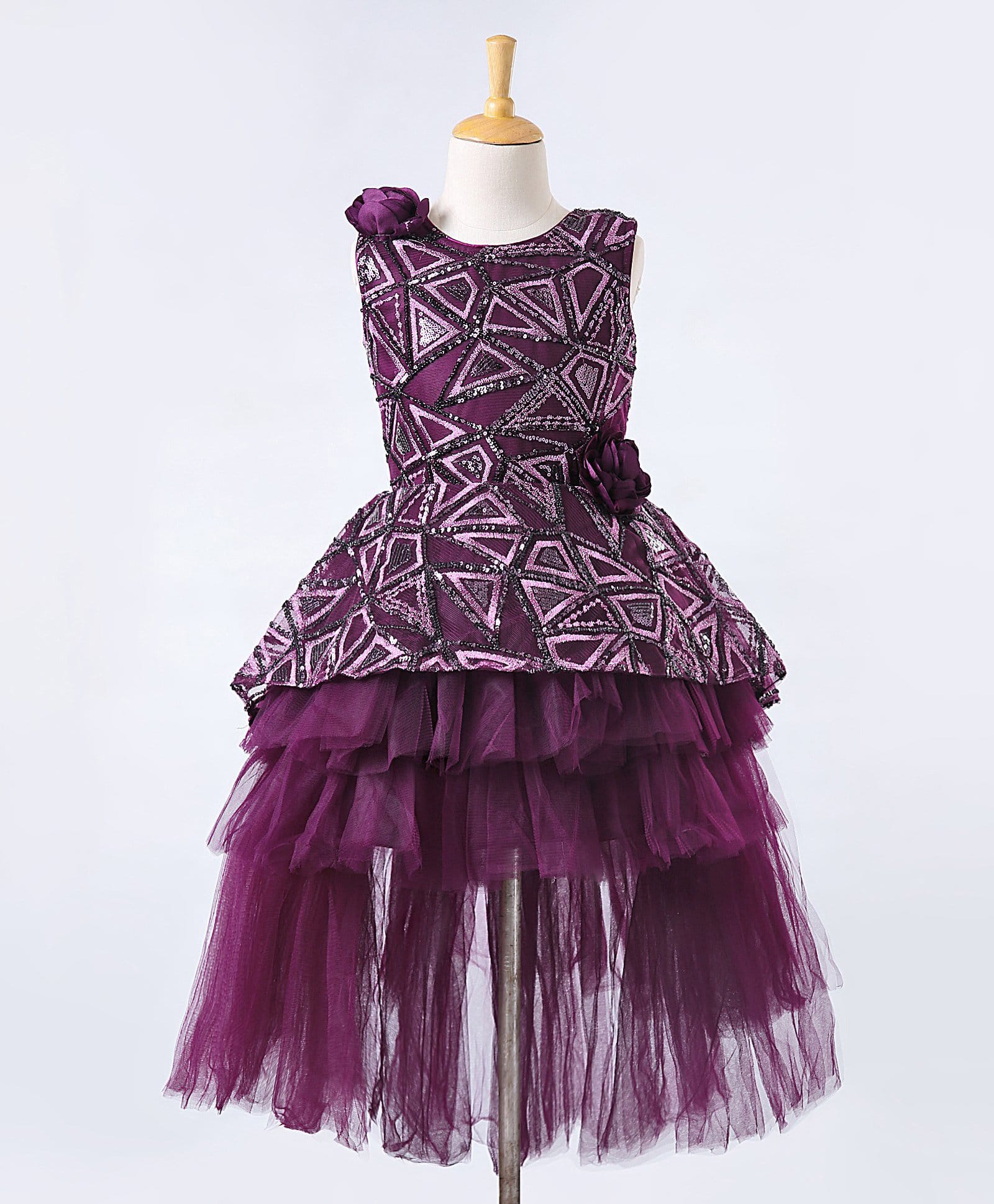 Enfance Net Woven Sleeveless Sequinned Layered Party Dress with Floral Applique-Wine-picture-43