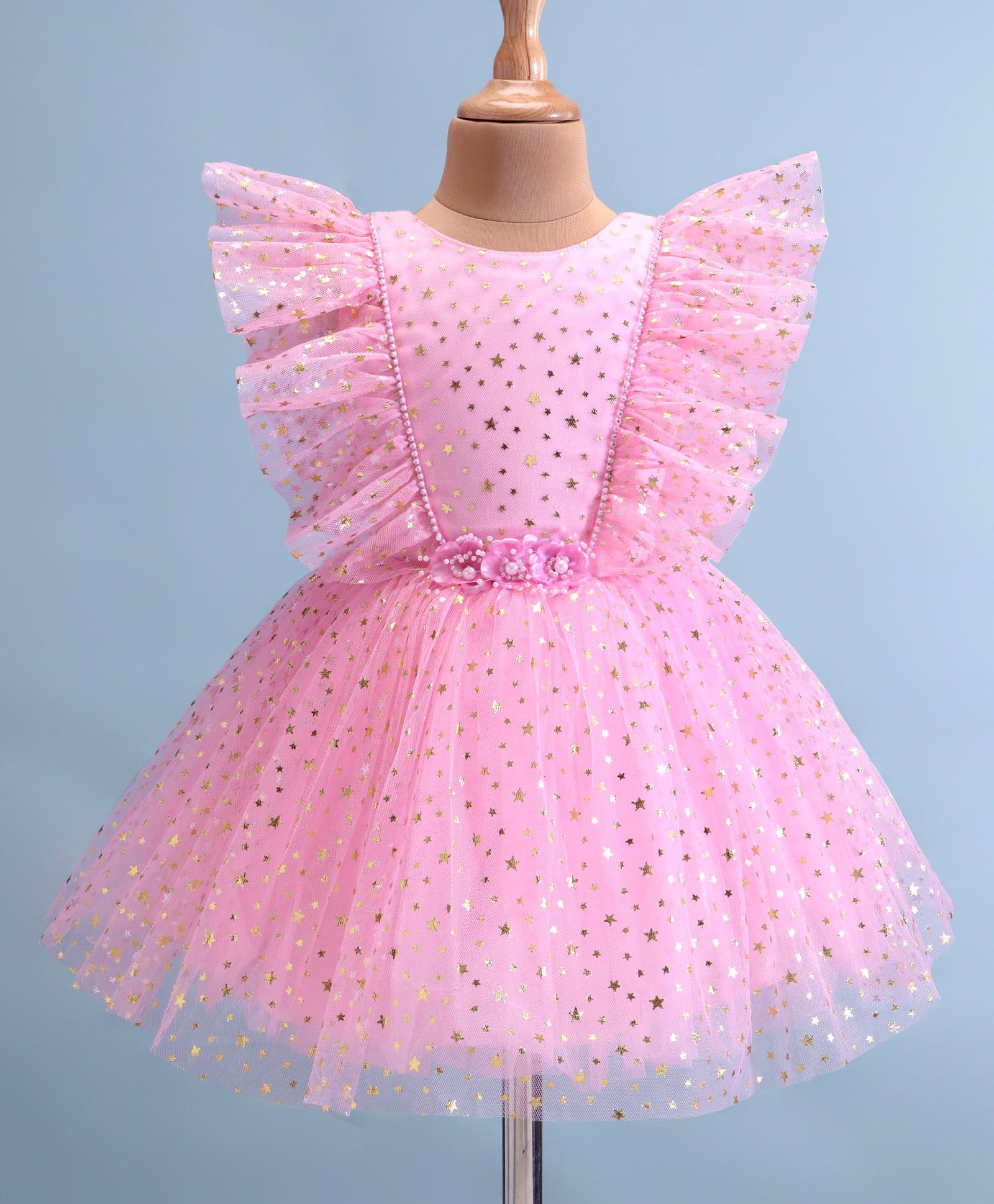 Enfance Net Woven Flutter Sleeves Golden Star Foil Printed Party Dress -Pink-image-46