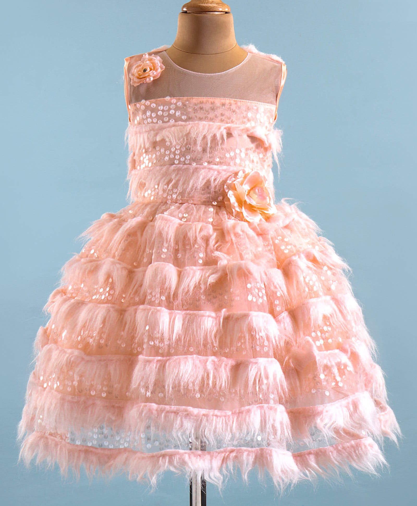 Enfance Net Woven Sleeveless Sequins Embellished With Layered Fur Applique Flared Party Dress -Peach-image-36