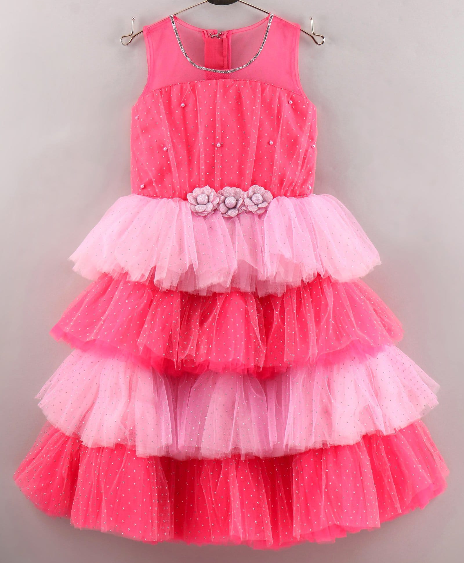 Enfance Net Woven Sleeveless Mesh Yoke Crystel Embellished Layered Party Gown With Corsage - Dark Pink-picture-20