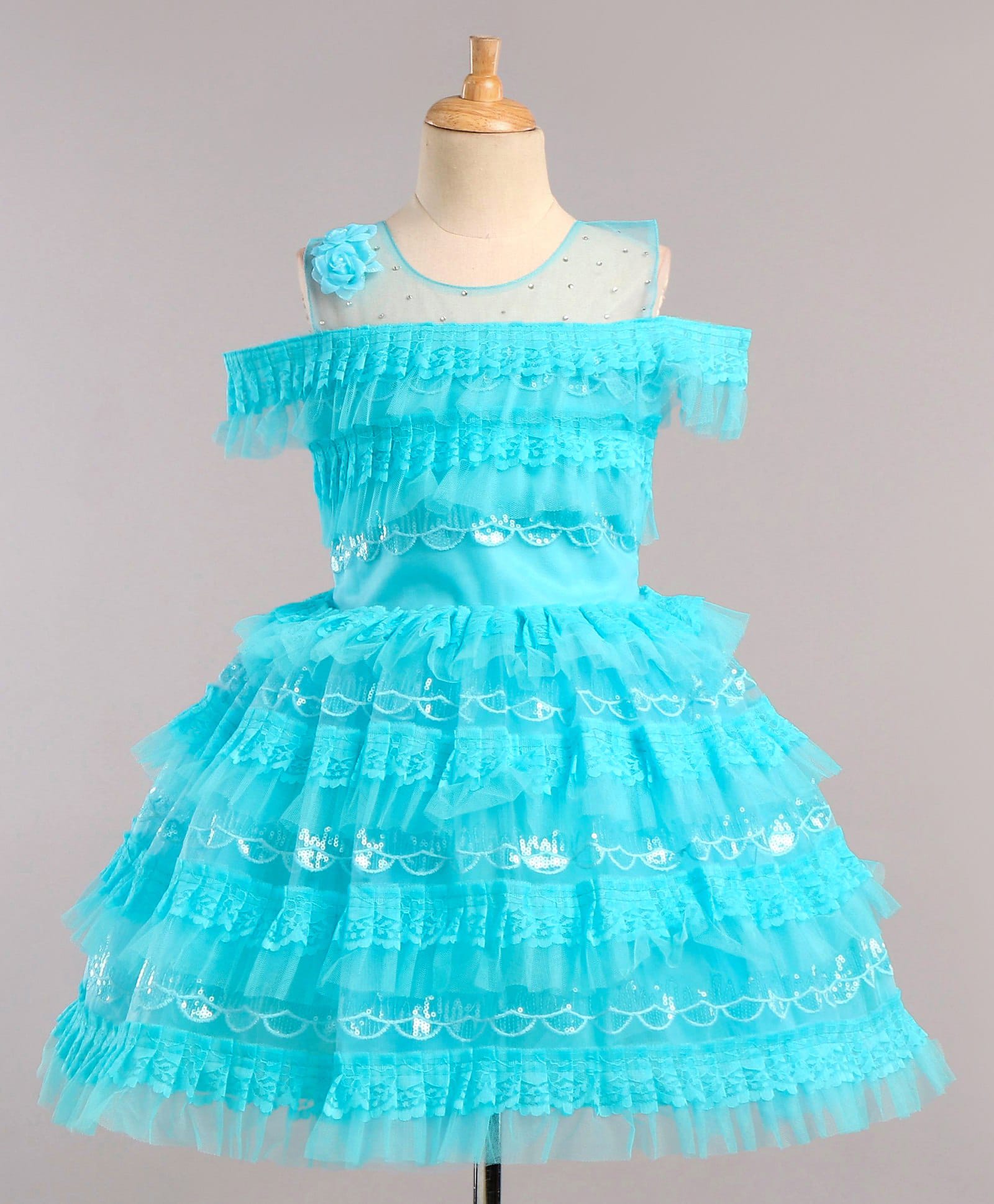 Enfance Net Woven Cold Shoulder Sleeves Sequinned Layered Party Dress With Floral Applique - Light Blue-image-23