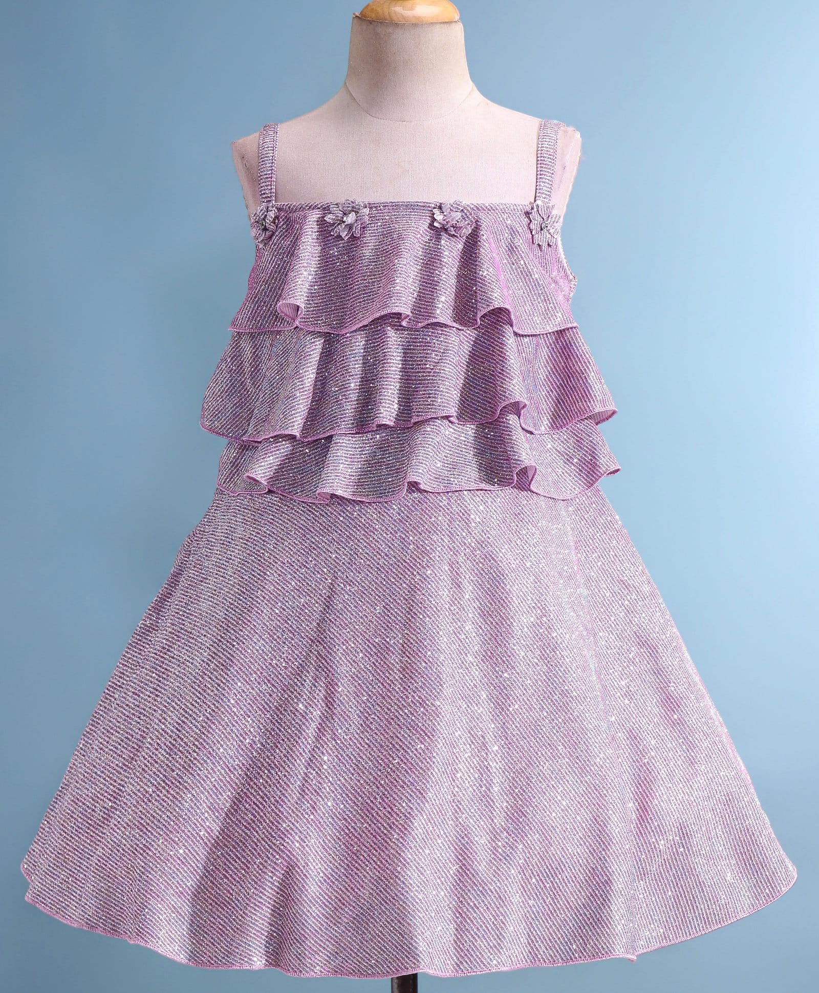 Enfance Woven Sleeveless Layered Glittered Party Dress with Floral Applique -Pink-picture-30