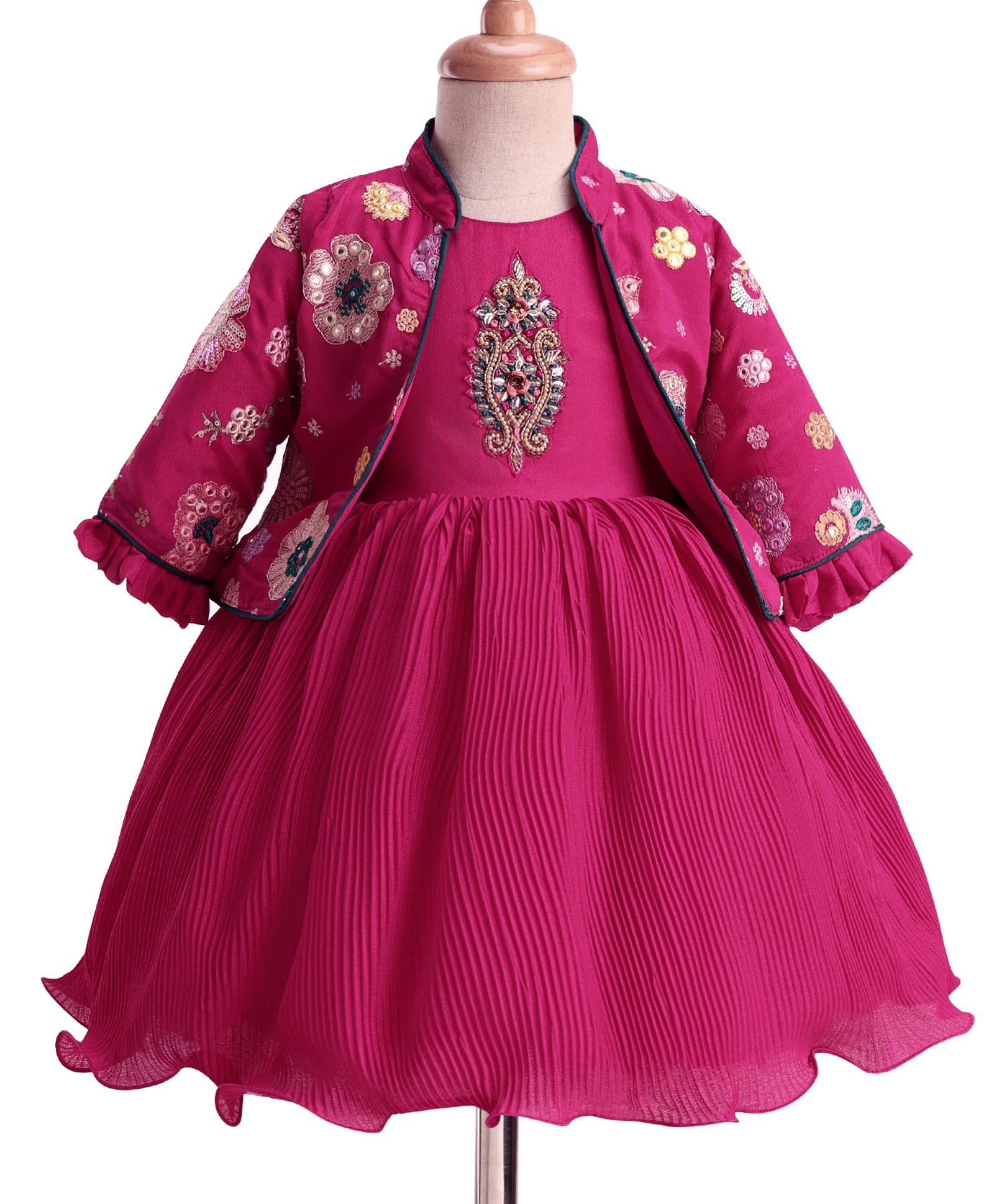 Enfance Cotton Silk Woven Sleeveless Floral Embroidered Dress With Jacket - Pink-image-24