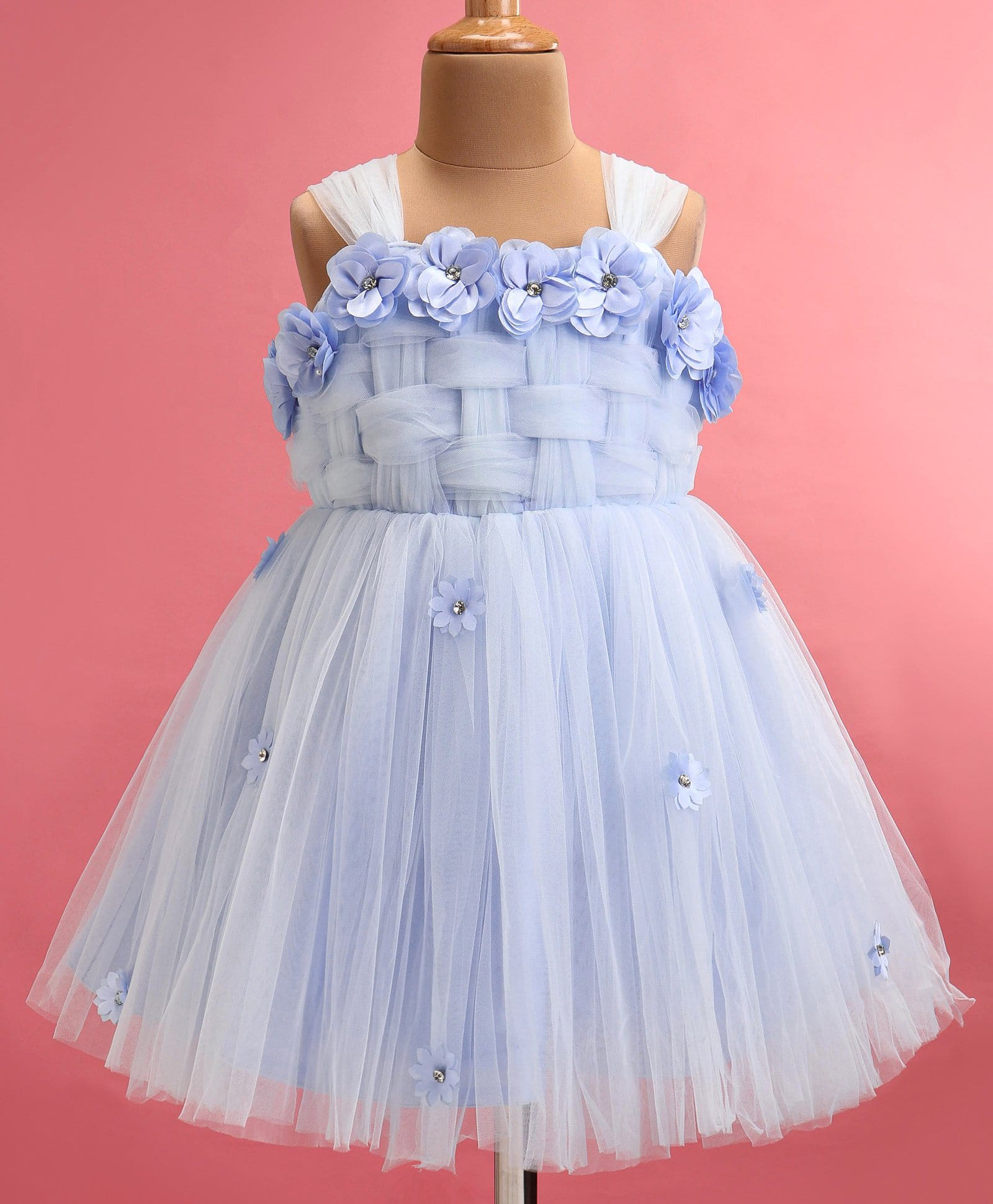 Enfance Net Woven Sleeveless Solid Colour Party Dress with Floral Corsage - Blue-image-11