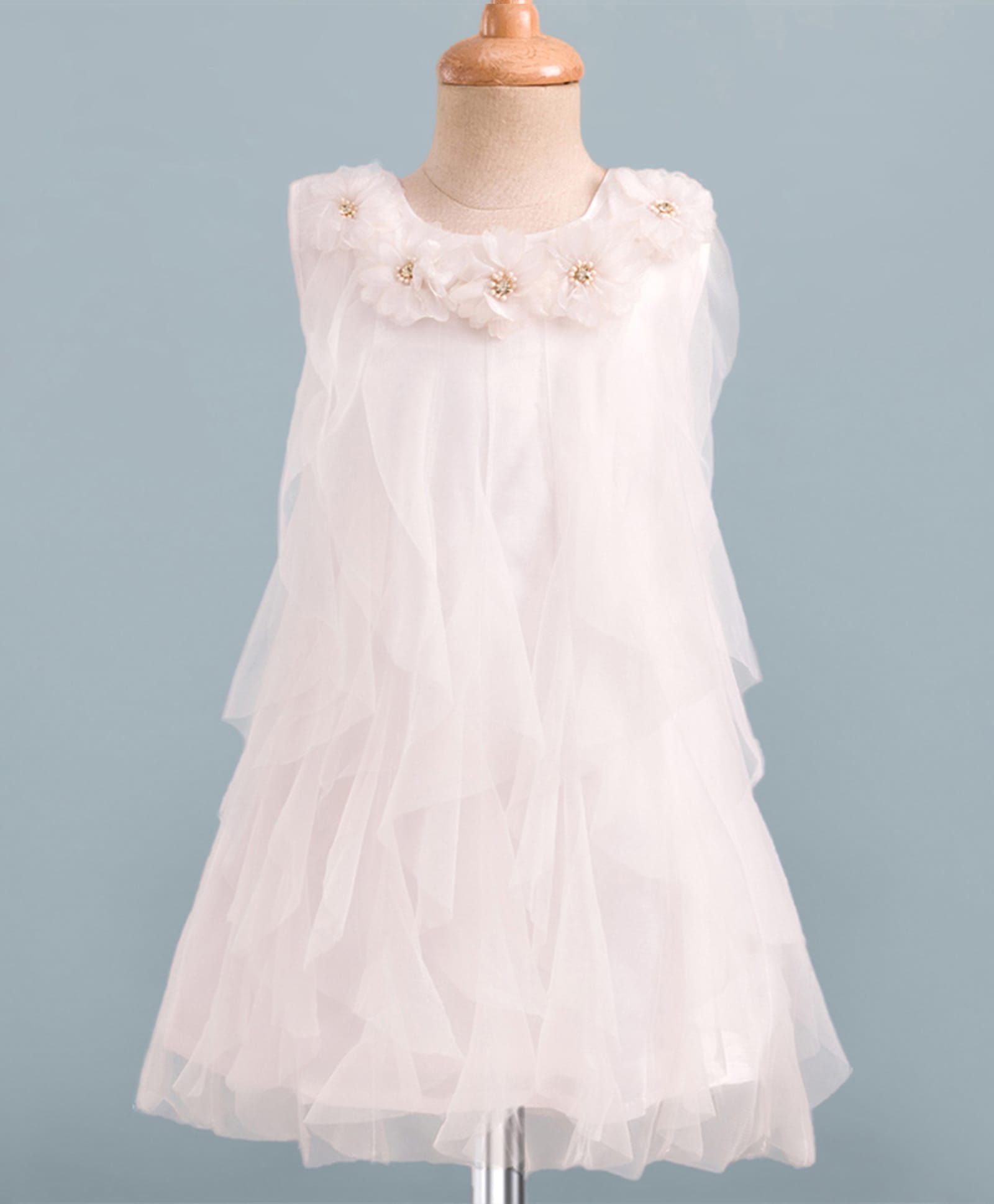 Enfance Net Woven Sleeveless Flower Applique Solid Party Dress-White-image-41