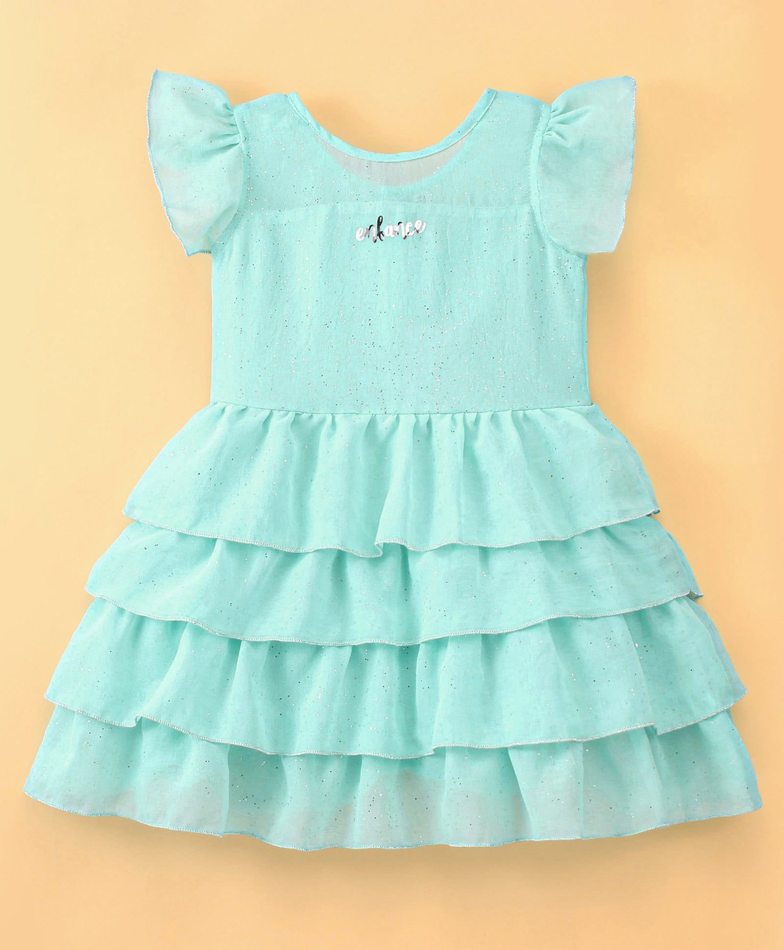 Enfance Woven Frill Sleeves Seamless Shimmery Fit & Flare Layered Dress- Turquoise-image-45