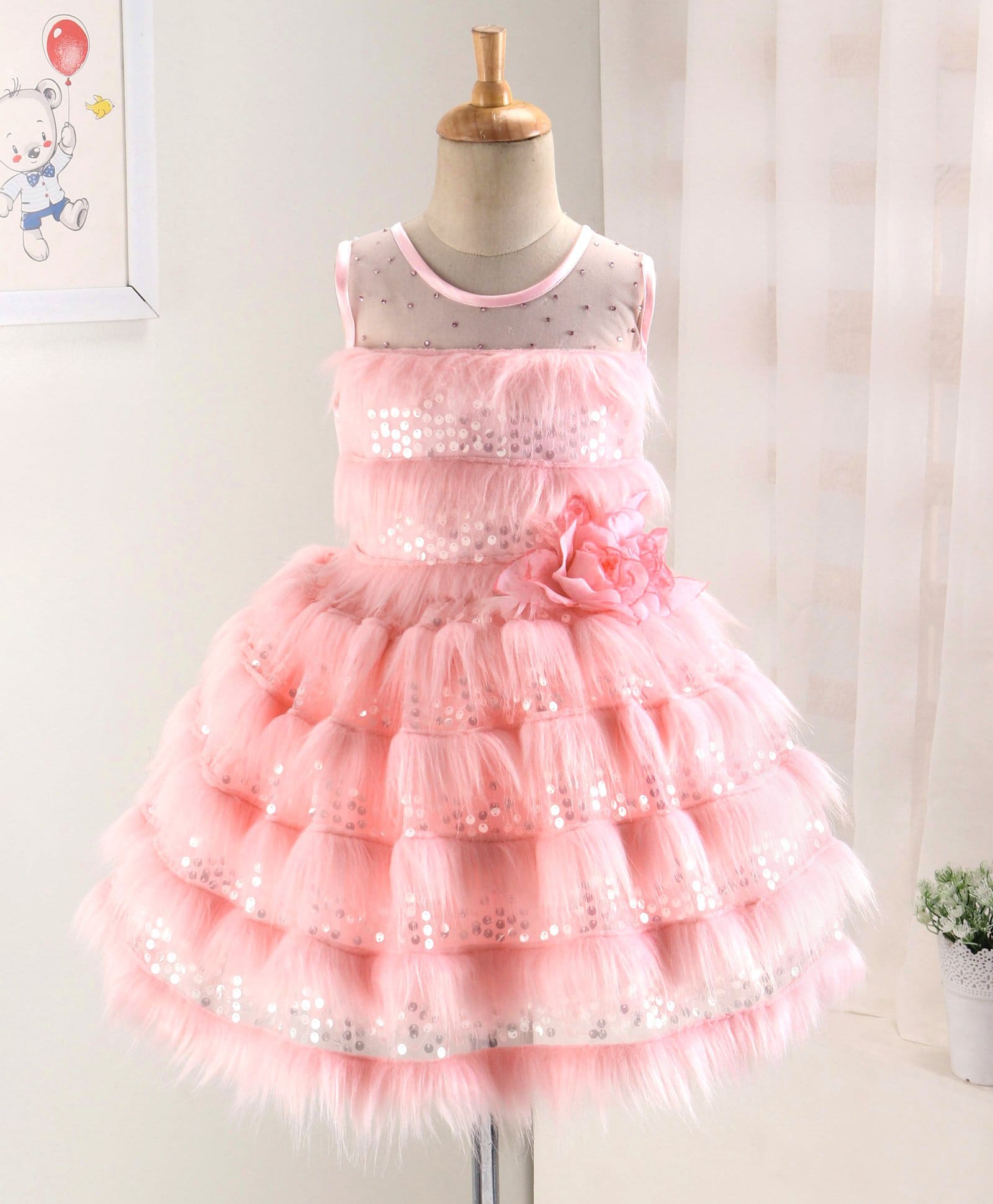 Enfance Woven Sleeveless Party Dress with Fur & Sequinned Detailing - Pink-picture-14