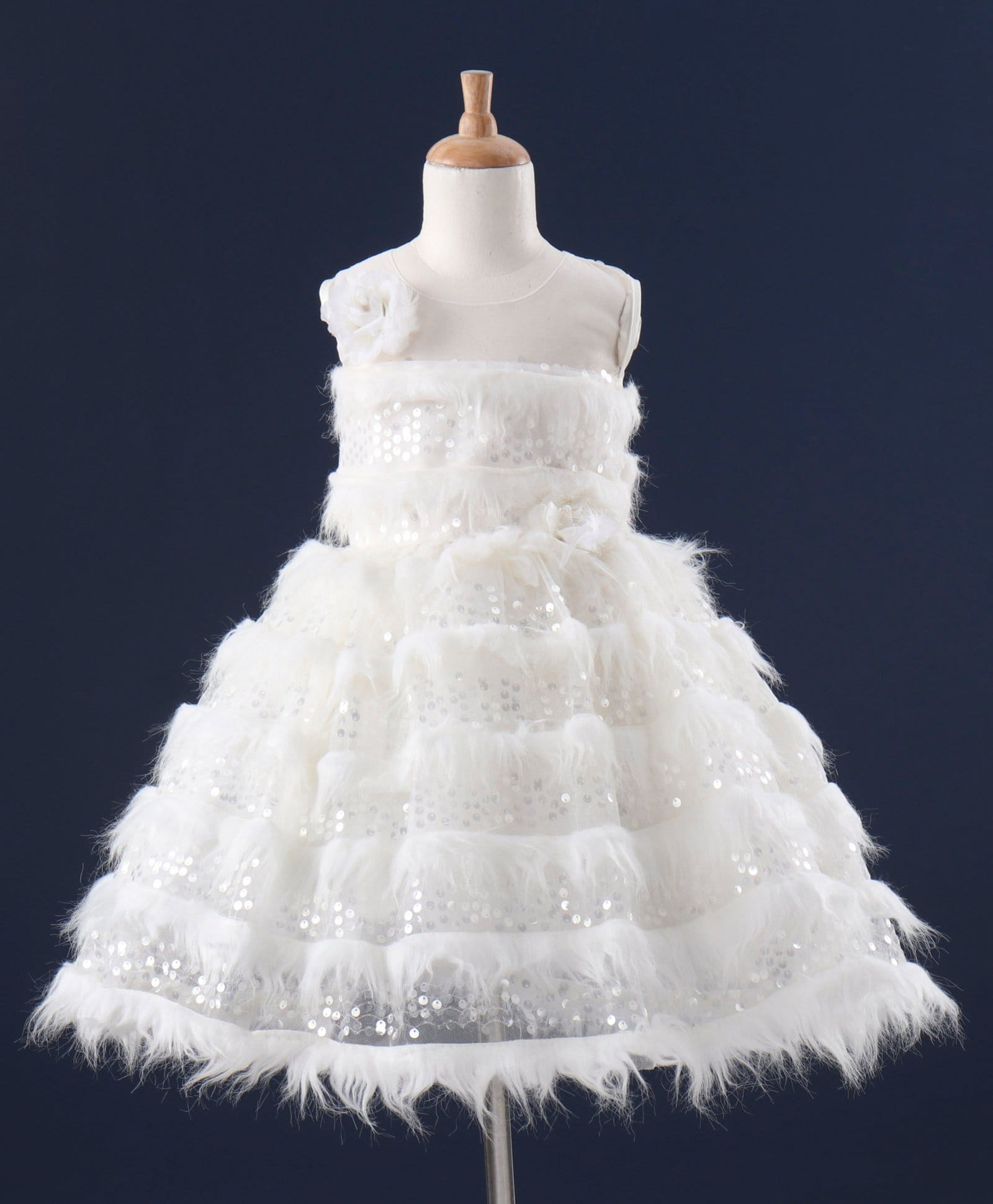Enfance Net Woven Sleeveless Layered Sequinned Solid Colour Party Dress with Floral Applique - White-picture-32