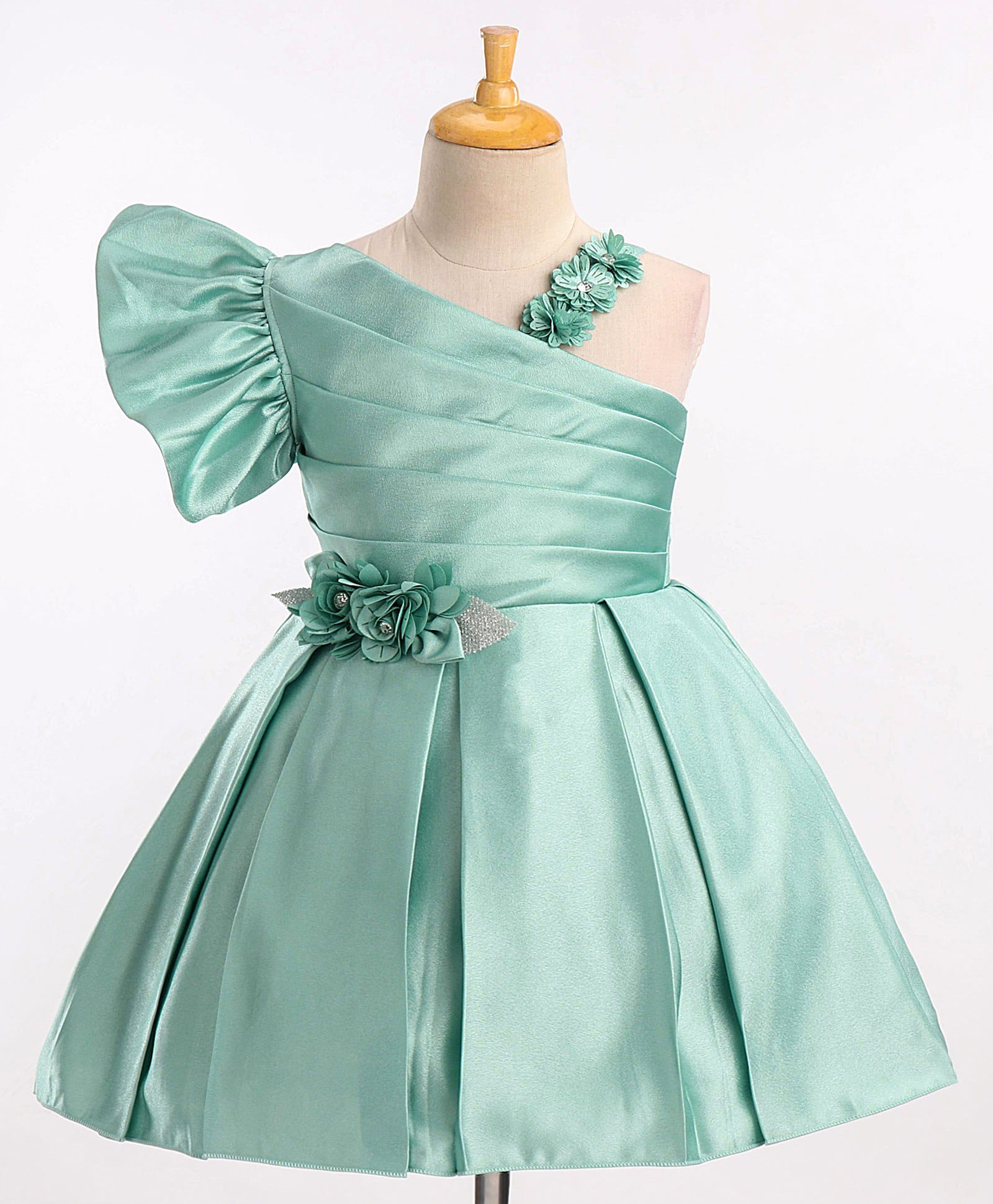 Enfance Satin Knit Sleeveless Solid Colour Party Dress with Floral Applique - Light Green-image-28
