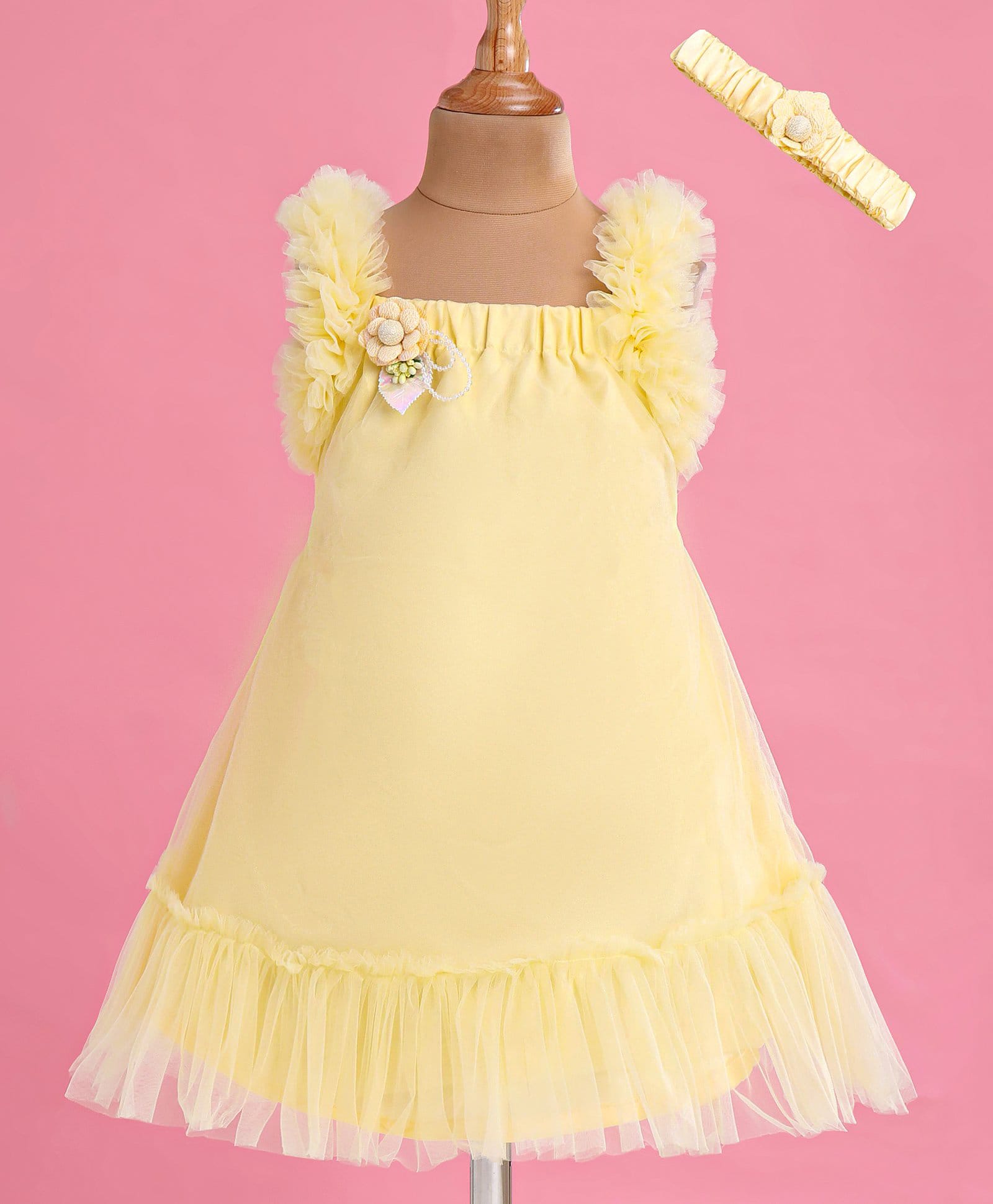Enfance Net Knit Sleeveless Flare Party Dress With Floral Applique With Hairband-Lemon-image-29