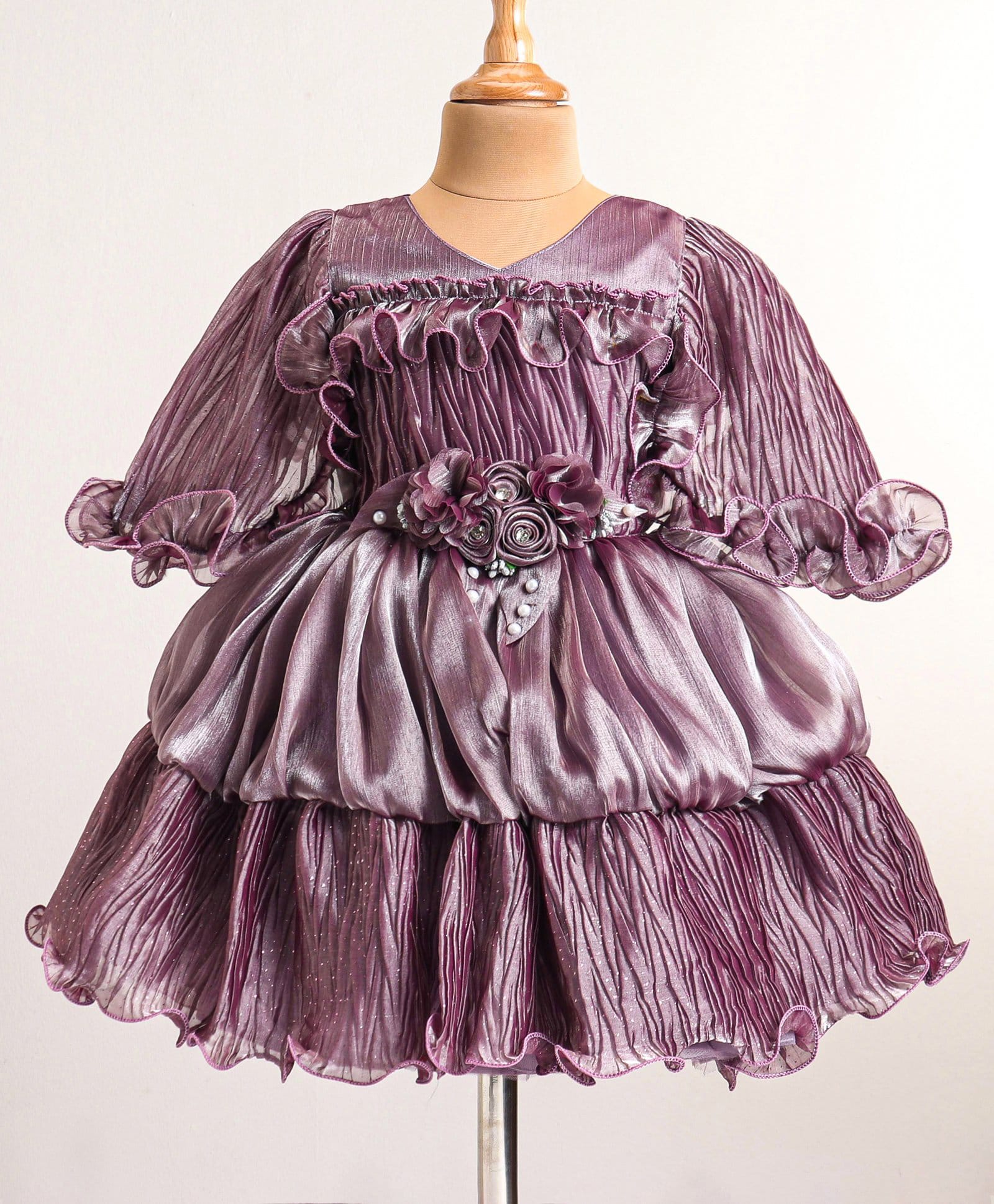 Enfance Net Knit Full Sleeves Party Dress With Crape & Floral Applique - Rose Gold-picture-41