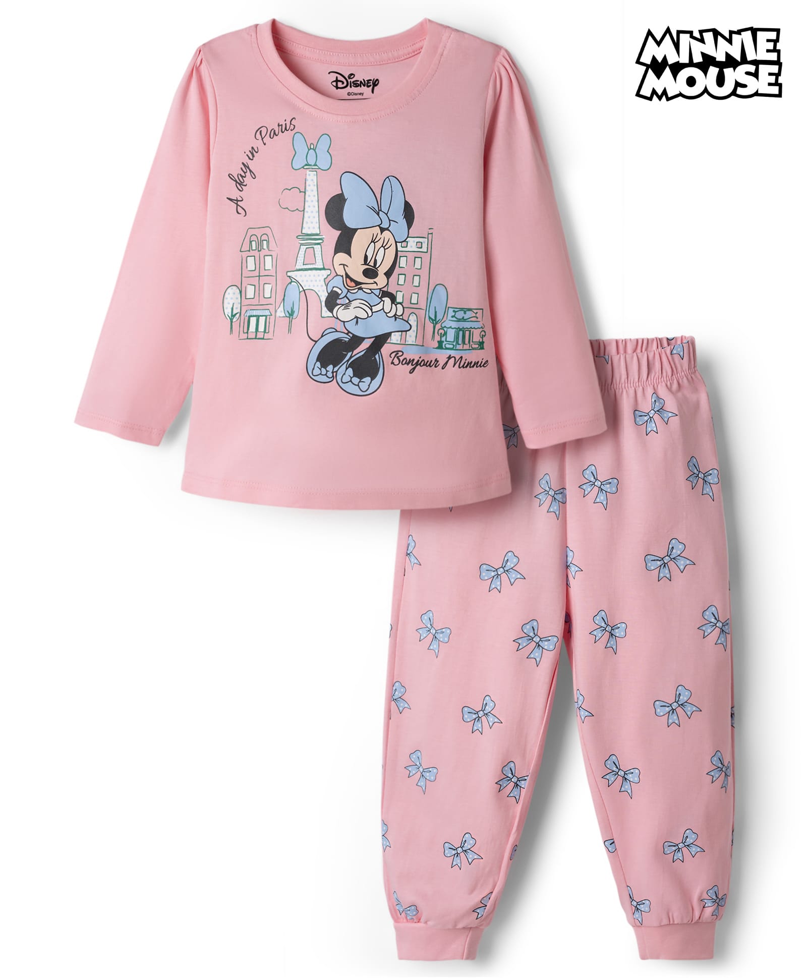 Babyhug Disney Single Jersey Knit Full Sleeves T-Shirt & Pajama Night Suit with Minnie Mouse Graphics - Light Pink-image-12