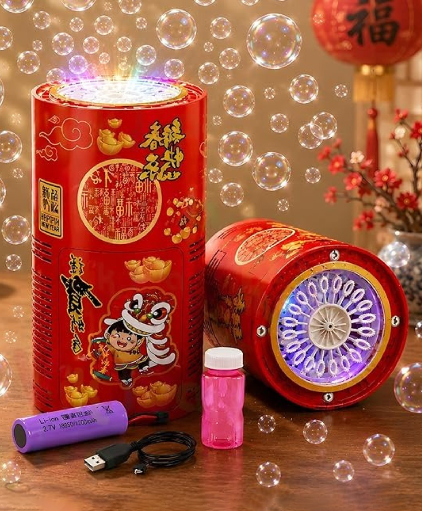 YAMAMA Fireworks Bubbles Machine for Kids, Portable Childrens Automatic Simulation Firecrackers Bubble Machine With Lights and Sound, Chargeable Blowing Tons of Bubbles - Multicolor-image-6