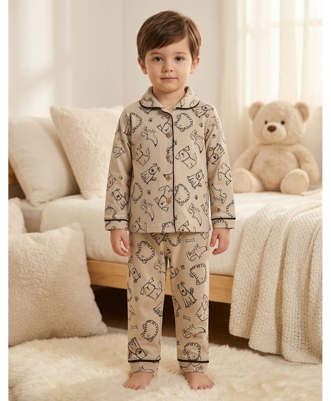 Rikidoos Woven Full Sleeves Animal Printed Co-Ords Shirt & Pyjama Night Suit - Beige-image-13