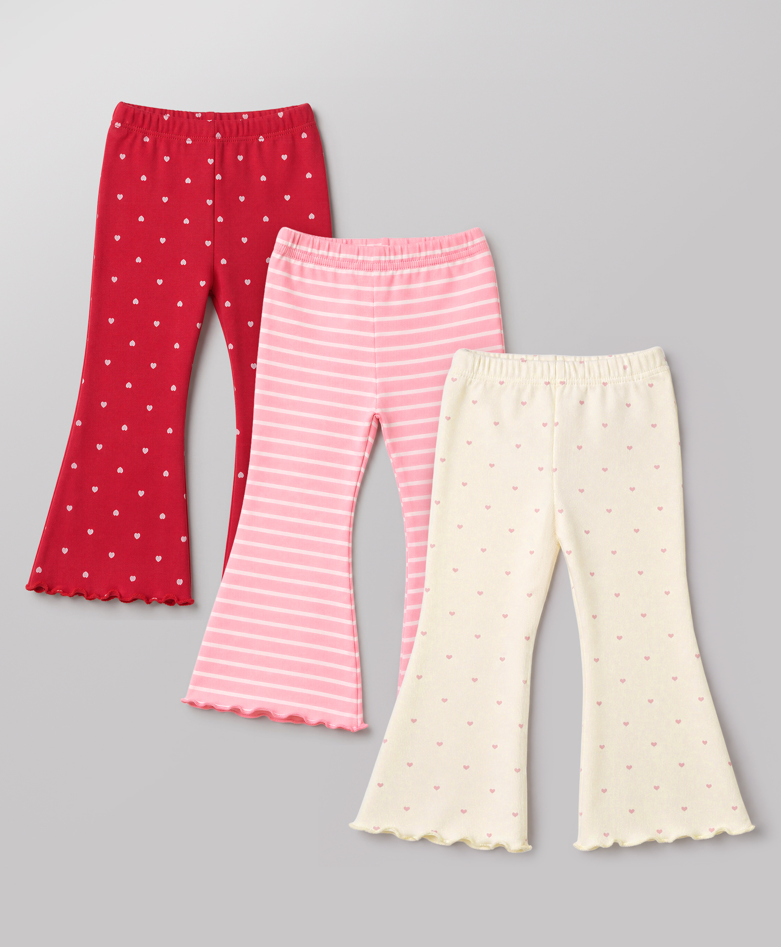 Babyhug Cotton Lycra Knit Full Length Striped & Hearts Printed Leggings Pack Of 3 - Red Pink & White-image-4