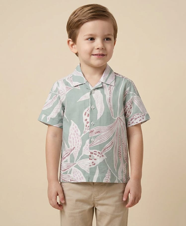 Rikidoos Cotton Woven Half Sleeves Leaves Printed Shirt - Light Green-picture-43