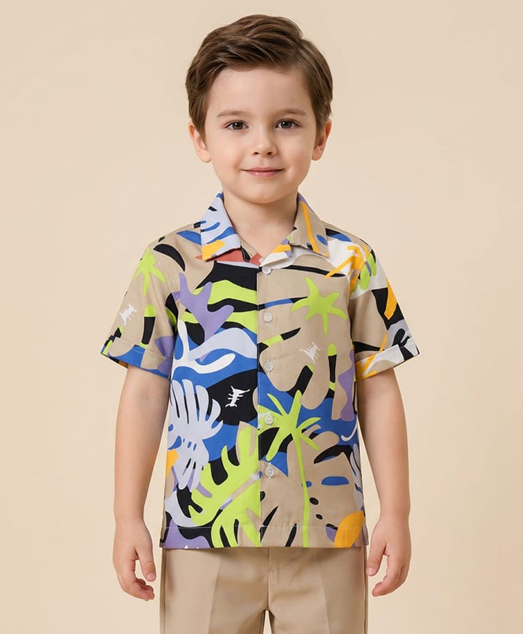 Rikidoos Cotton Woven Half Sleeves Tropical Theme Printed Shirt - Beige-picture-42