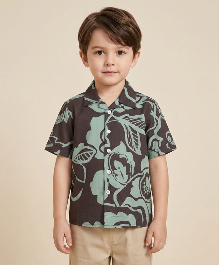 Rikidoos Cotton Woven Half Sleeves Tropical Theme Printed Shirt - Beige-picture-22