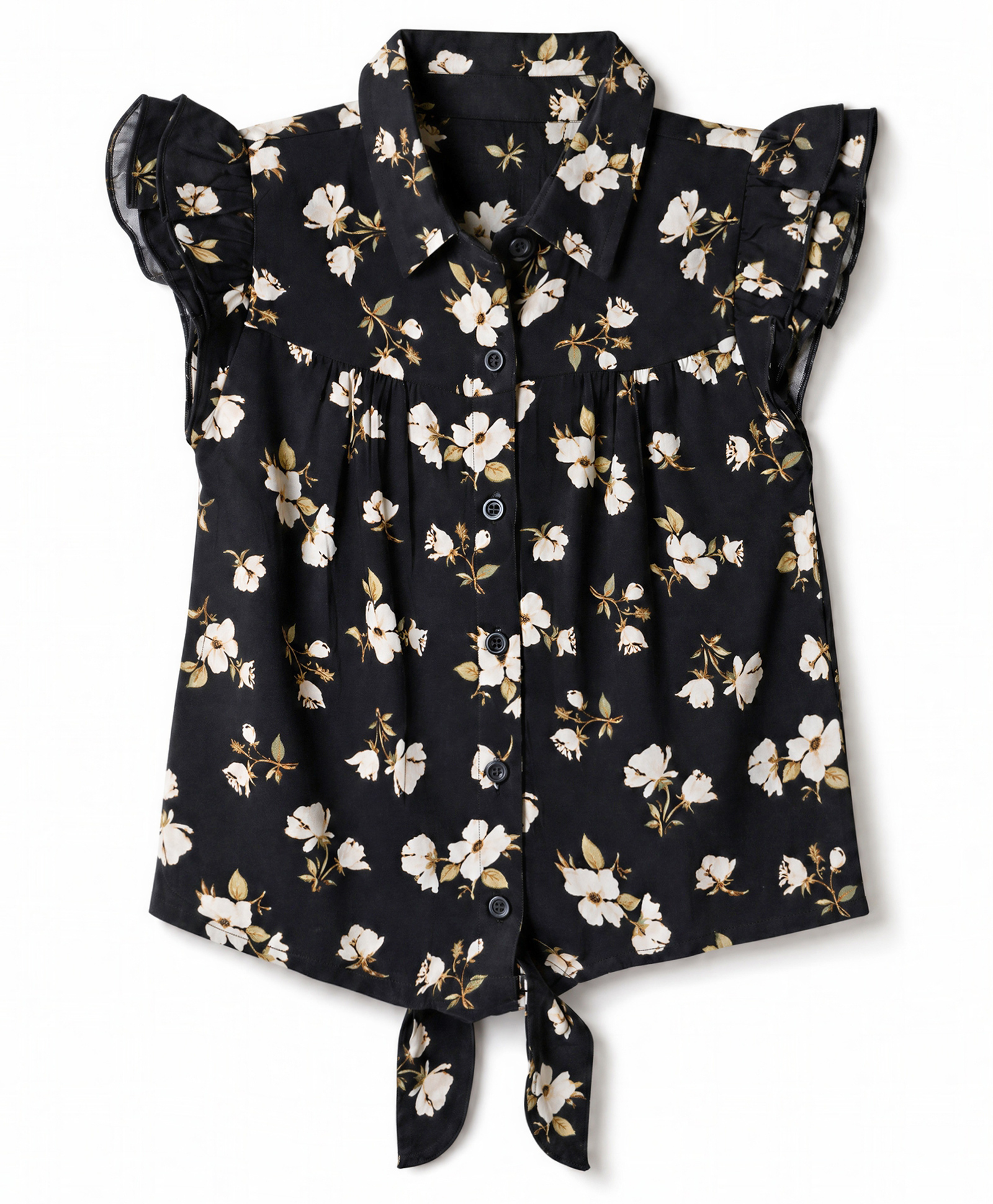 Pine Kids Viscose Woven Knotted Top with Flutter Sleeve with Floral Print - Black-image-14