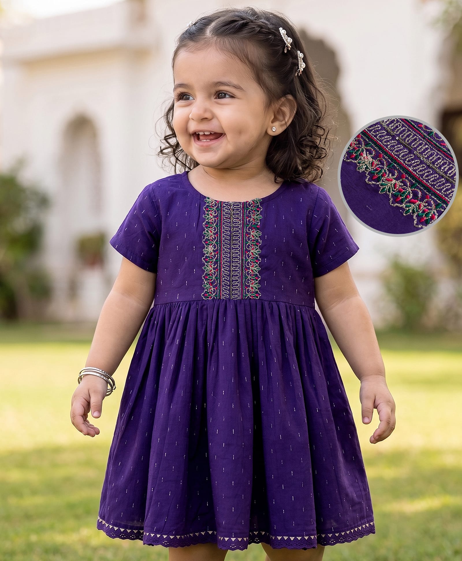 EARTHY TOUCH Cotton Woven Half Sleeves Floral Embroidered Ethnic Dress - Purple-image-17
