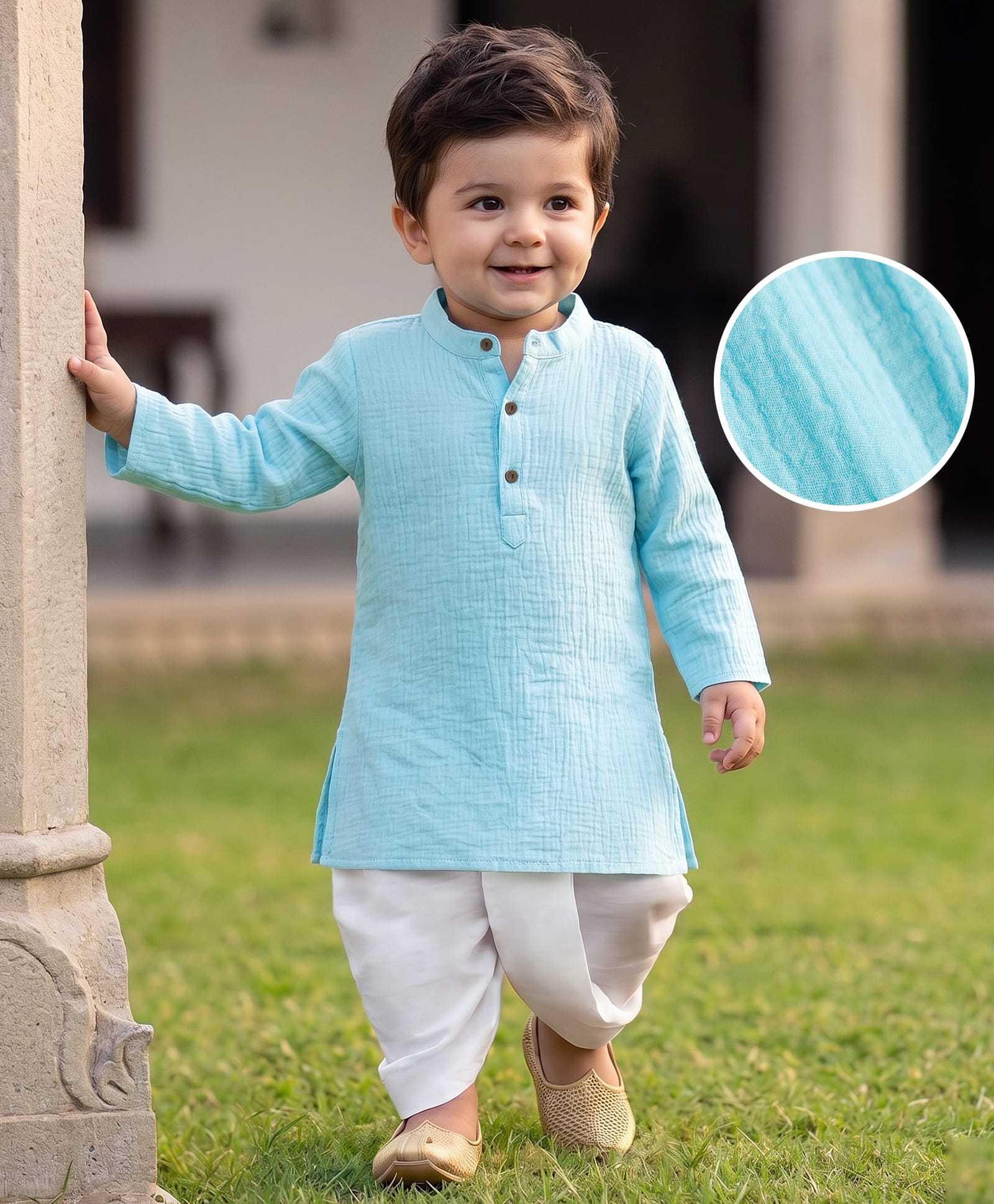 EARTHY TOUCH Cotton Woven Full Sleeves Solid Colour Kurta Dhoti Set -Aqua-picture-22