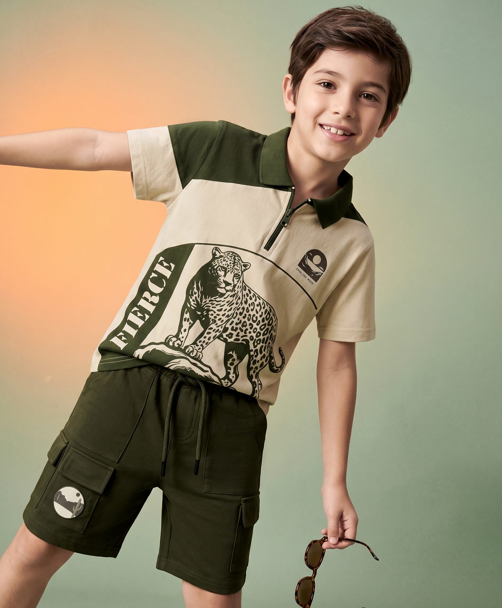 OLLINGTON ST. Cotton Knit Half Sleeves Animals Printed Polo T-Shirt & Shorts Set - Multicolour & Olive Green-image-32