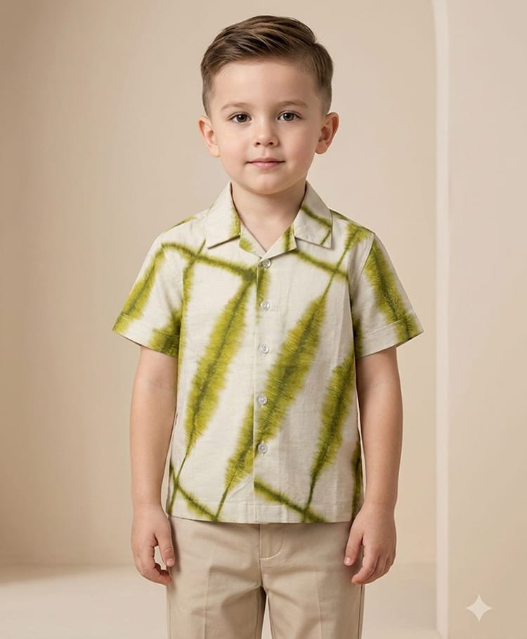 Rikidoos Cotton Woven Half Sleeves Leaves Printed Shirt - Off White & Light Green-image-25
