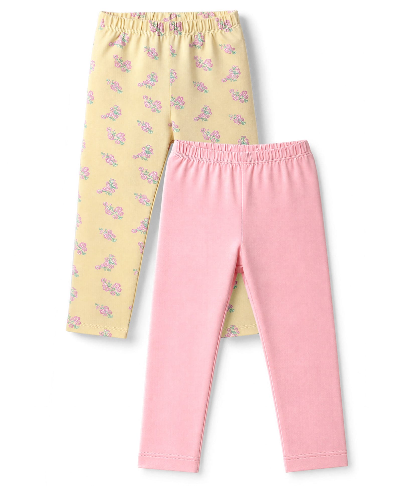 Babyhug Cotton Lycra Elastane Knit Full Length Solid & Floral Printed Leggings Pack Of 2 - Pink & Yellow-image-17