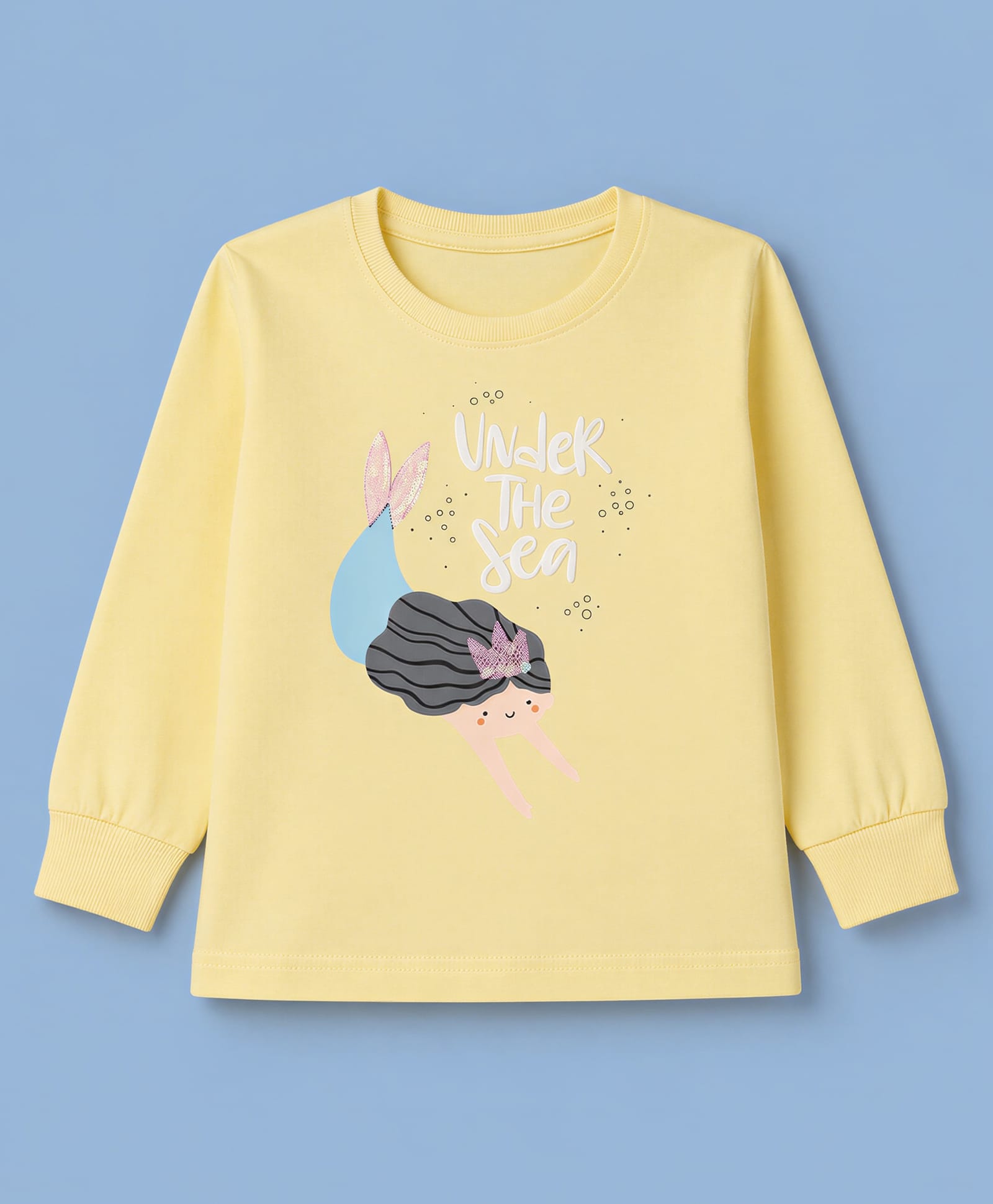 Olio Kids Sinker Knit Full Sleeves T-Shirt with Mermaid Print - Light Yellow-picture-42