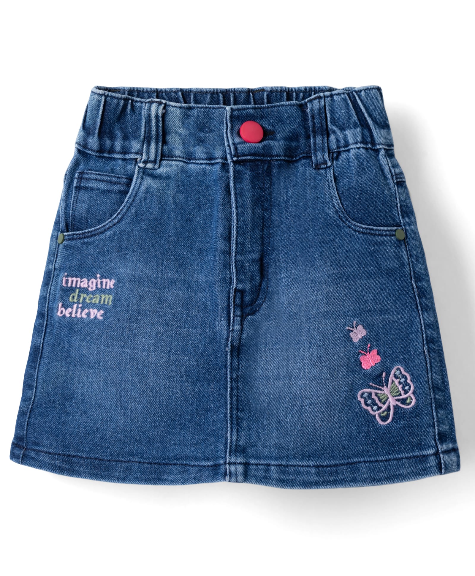 Olio Kids Denim Woven Knee Length Skirt with Butterfly Embroidery - Blue-image-26