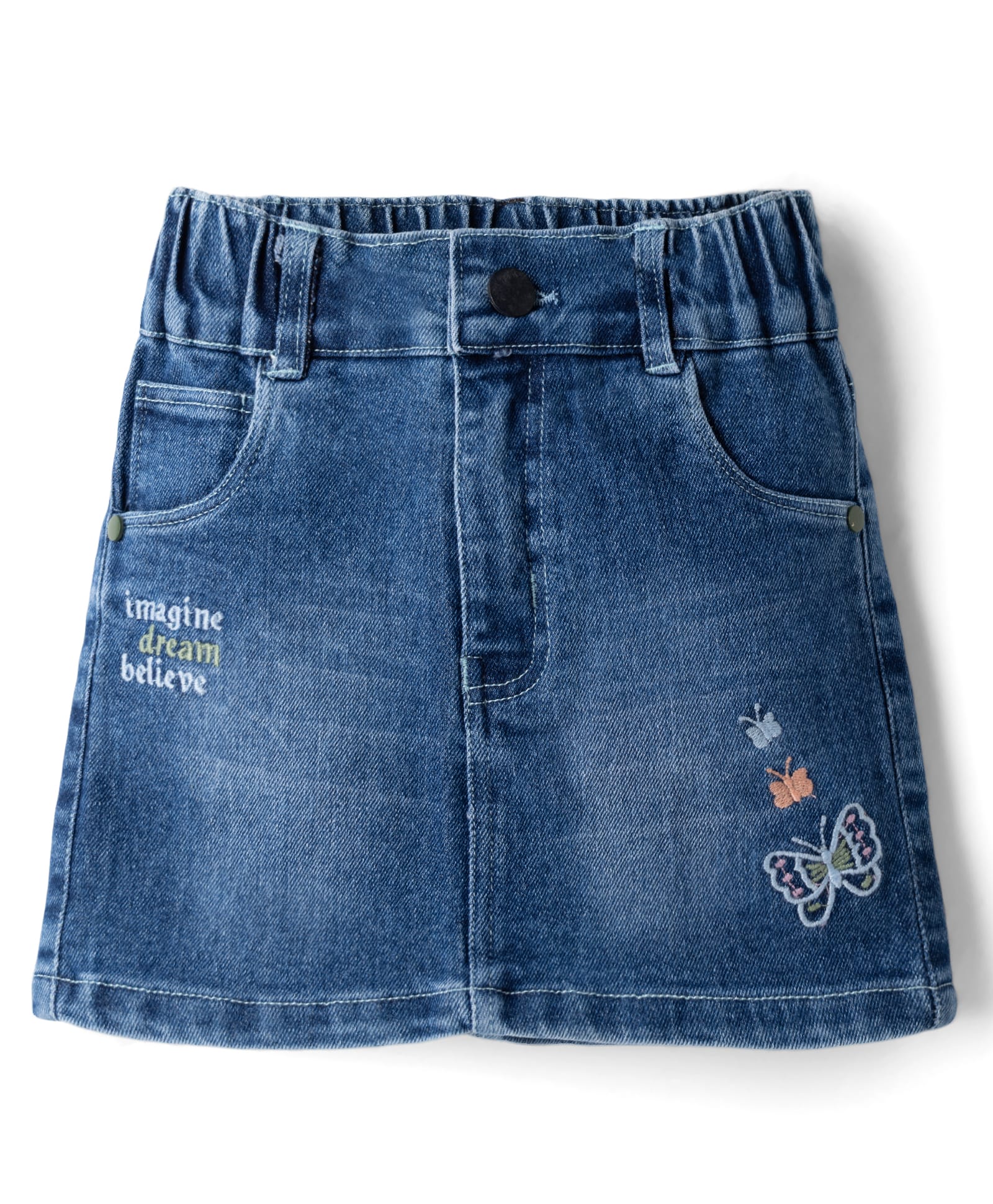 Olio Kids Denim Woven Knee Length Skirt with Butterfly Embroidery - LIght Blue-picture-8