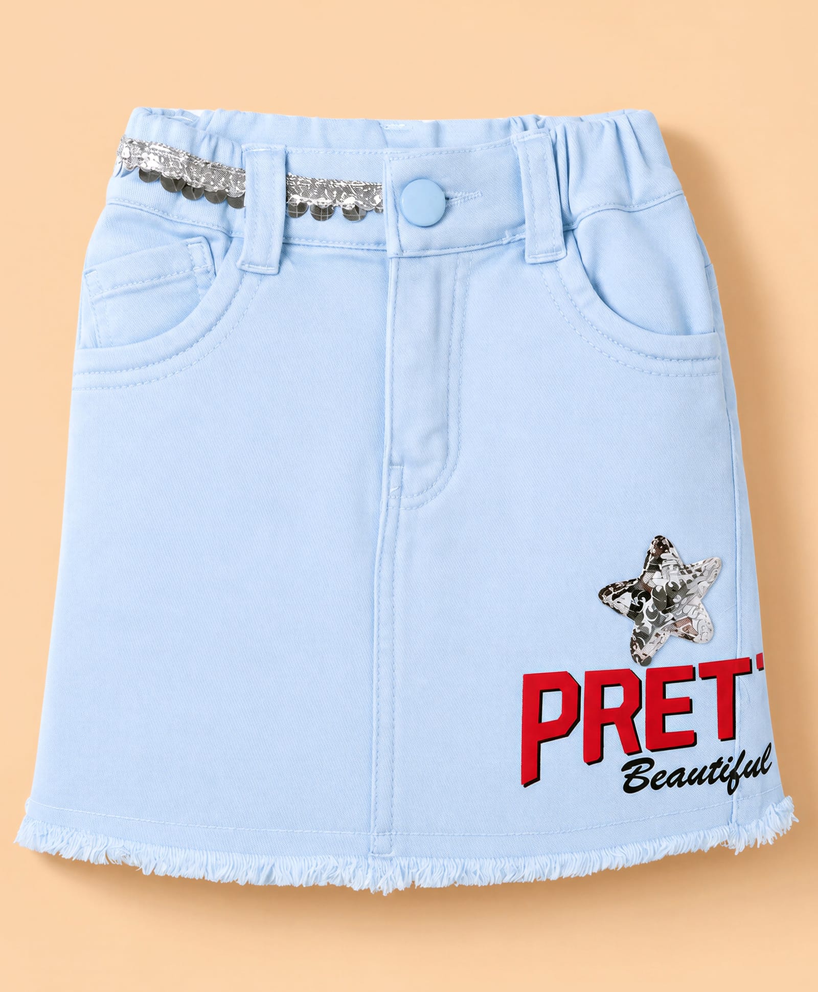 Olio Kids Cotton Woven Knee Length Text Printed & Sequinned Skirts with Pockets - Light Blue-picture-27