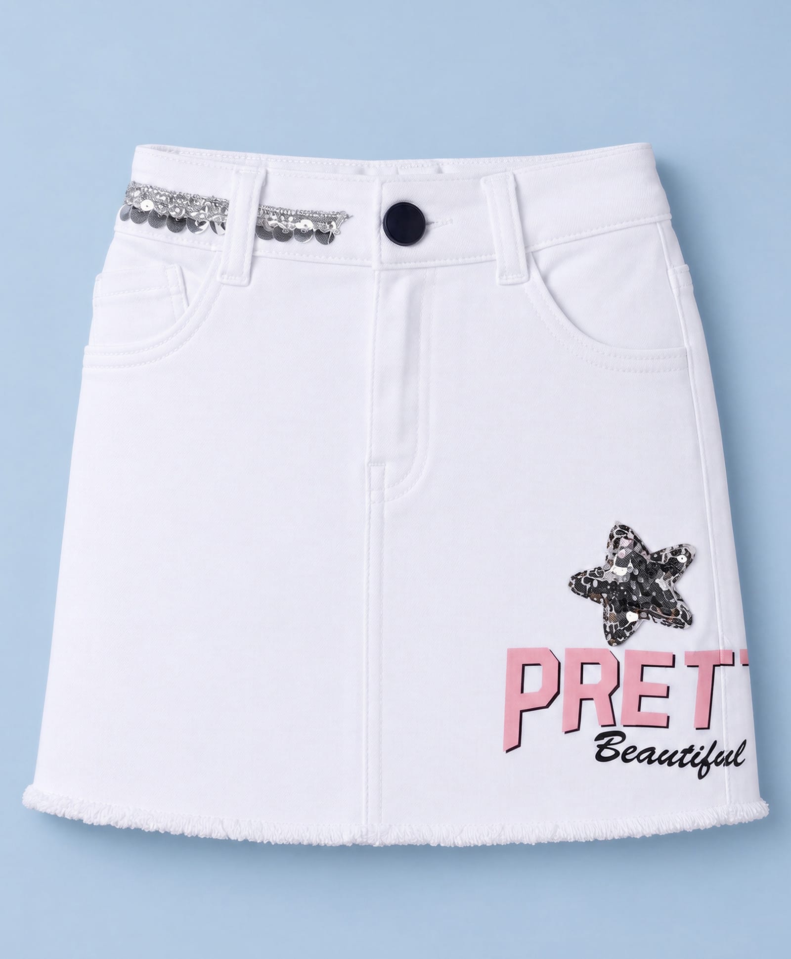 Olio Kids Cotton Woven Knee Length Text Printed & Sequinned Skirts with Pockets - Off White-picture-28
