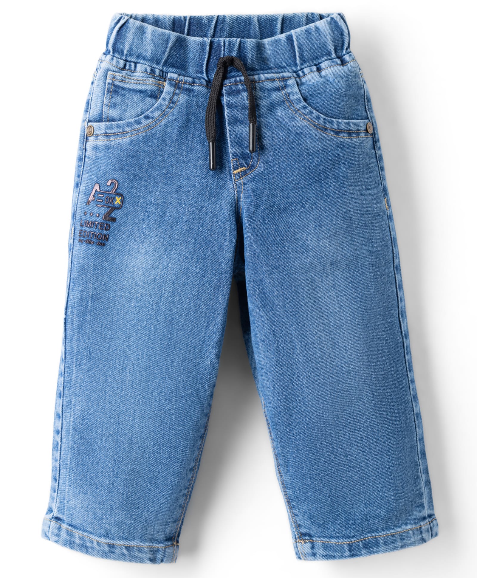Olio Kids Denim Woven Full Length Solid Color Jeans with Text Print - Light Blue-picture-14