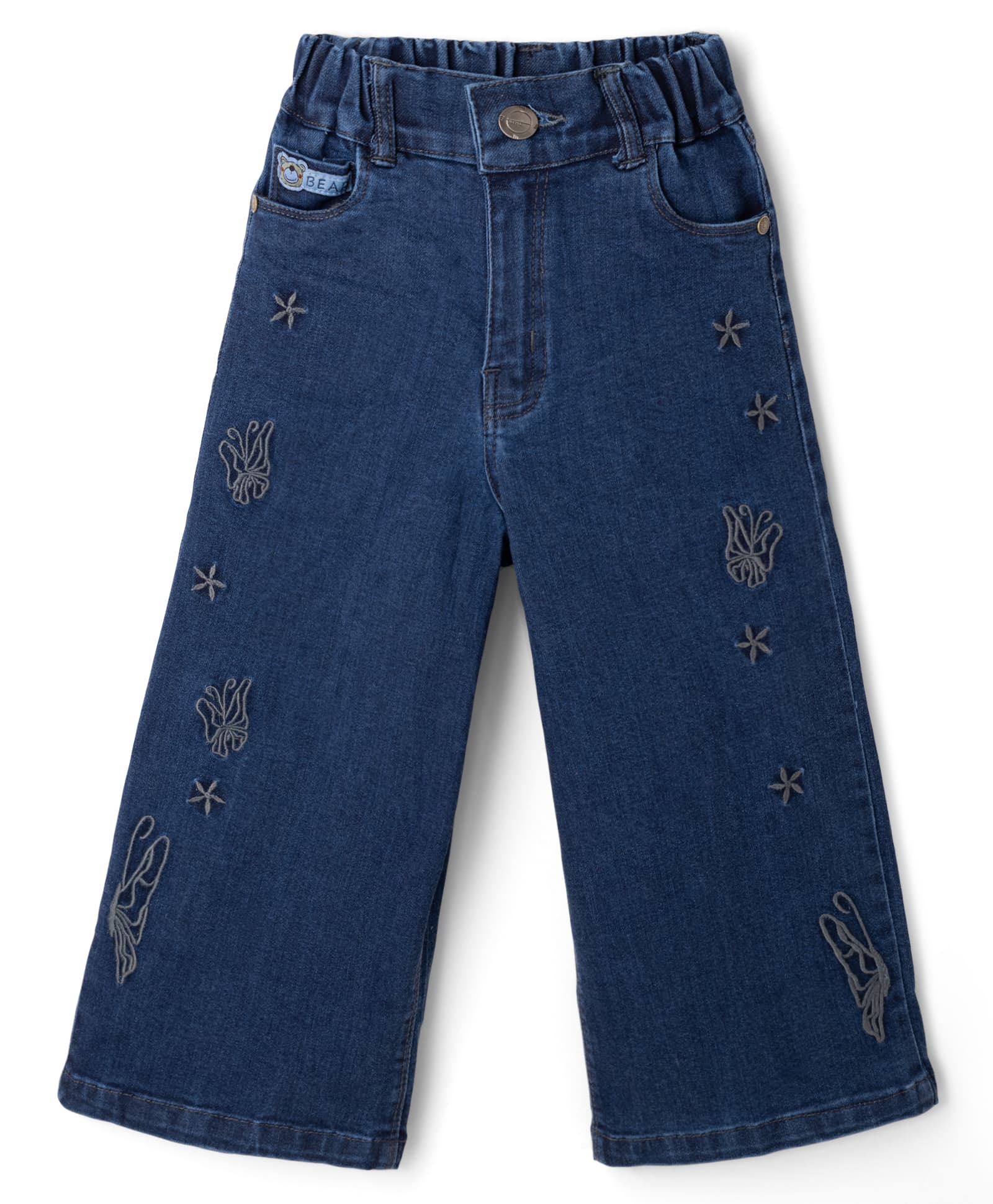 Olio Kids Woven Full Length Denim Jeans With Butterfly Embroidery - Blue-picture-30