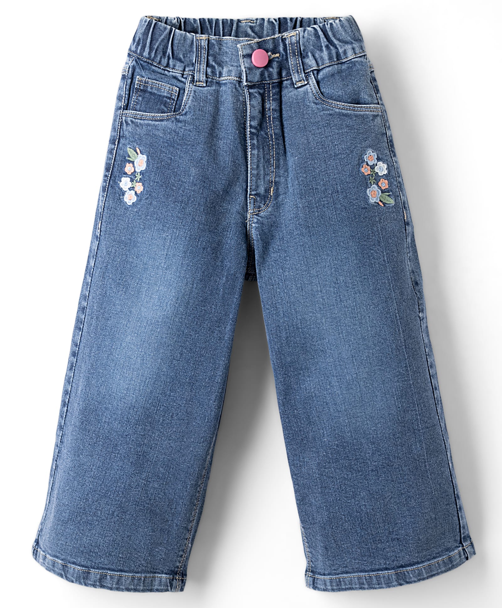 Olio Kids Denim Woven Full Length Flared Jeans with Floral Embroidery - Light Blue-picture-35