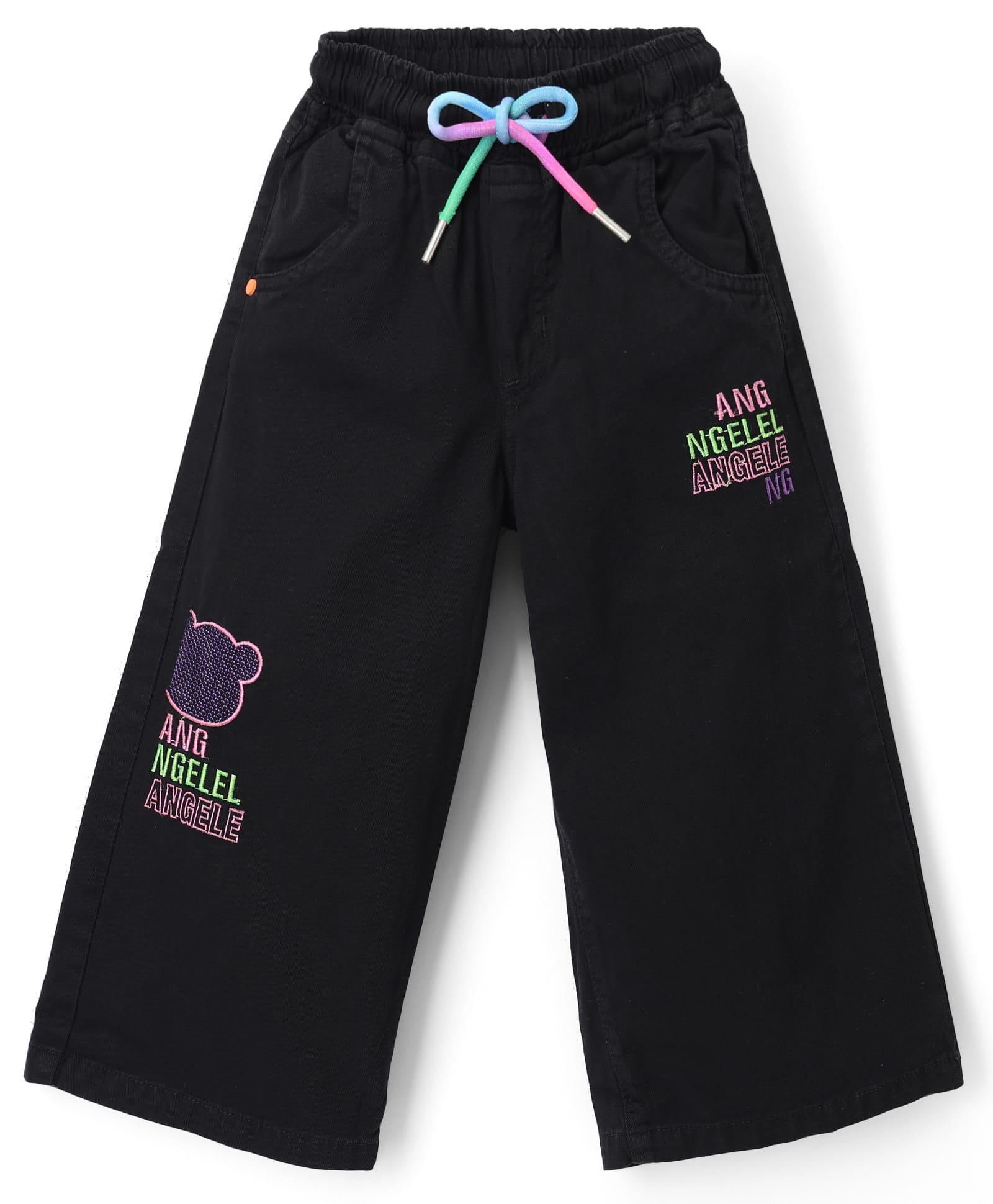 Olio Kids Cotton Woven Full Length Trousers with Text & Bear Embroidery - Black-picture-35
