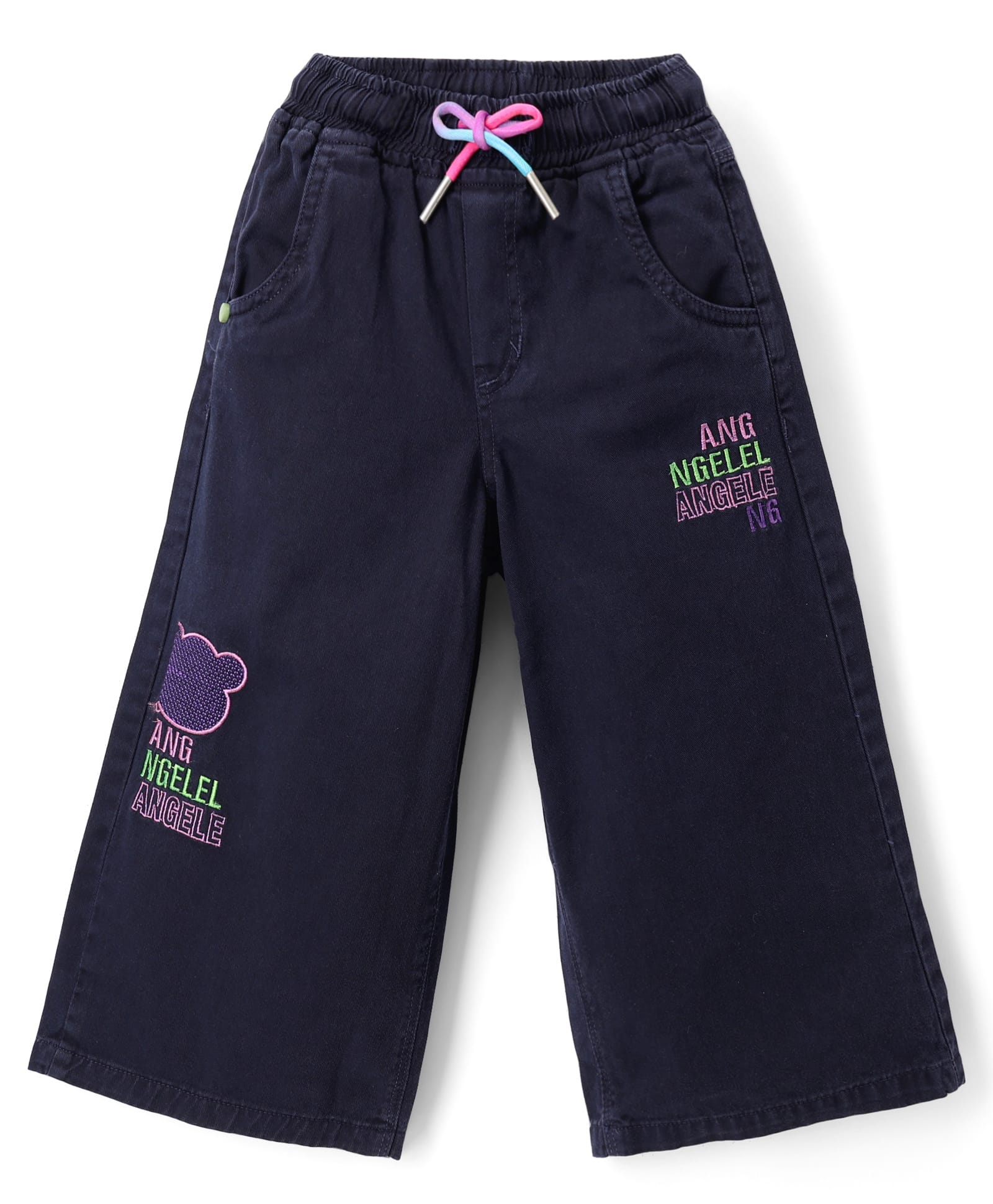 Olio Kids Cotton Woven Full Length Trousers with Text & Bear Embroidery - Navy-picture-37
