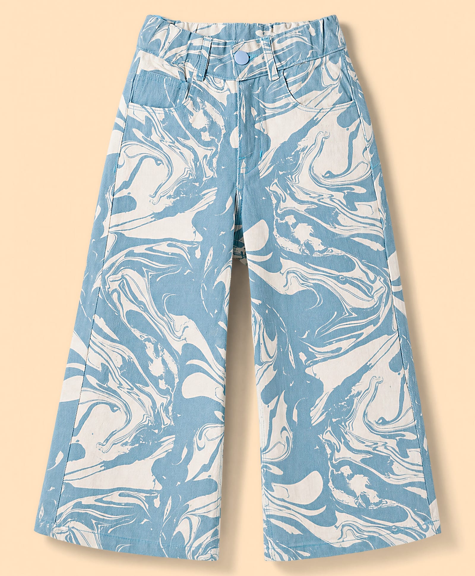 Olio Kids Cotton Woven Full Length Marble Printed Trouser - Light Blue-picture-12