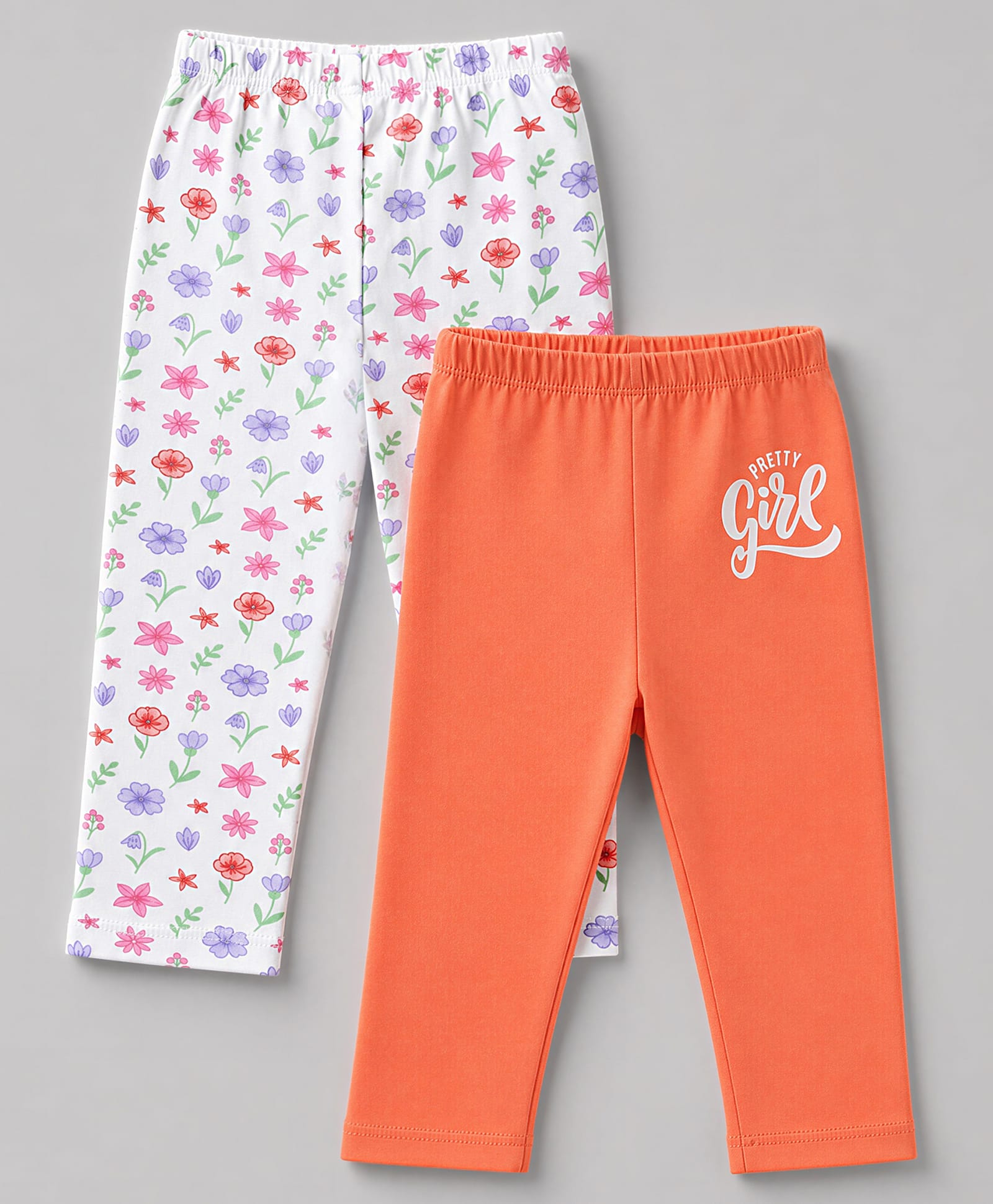 Babyhug Cotton Lycra Knit Full Length Floral & Text Printed Leggings Pack Of 2 - Orange & White-picture-28