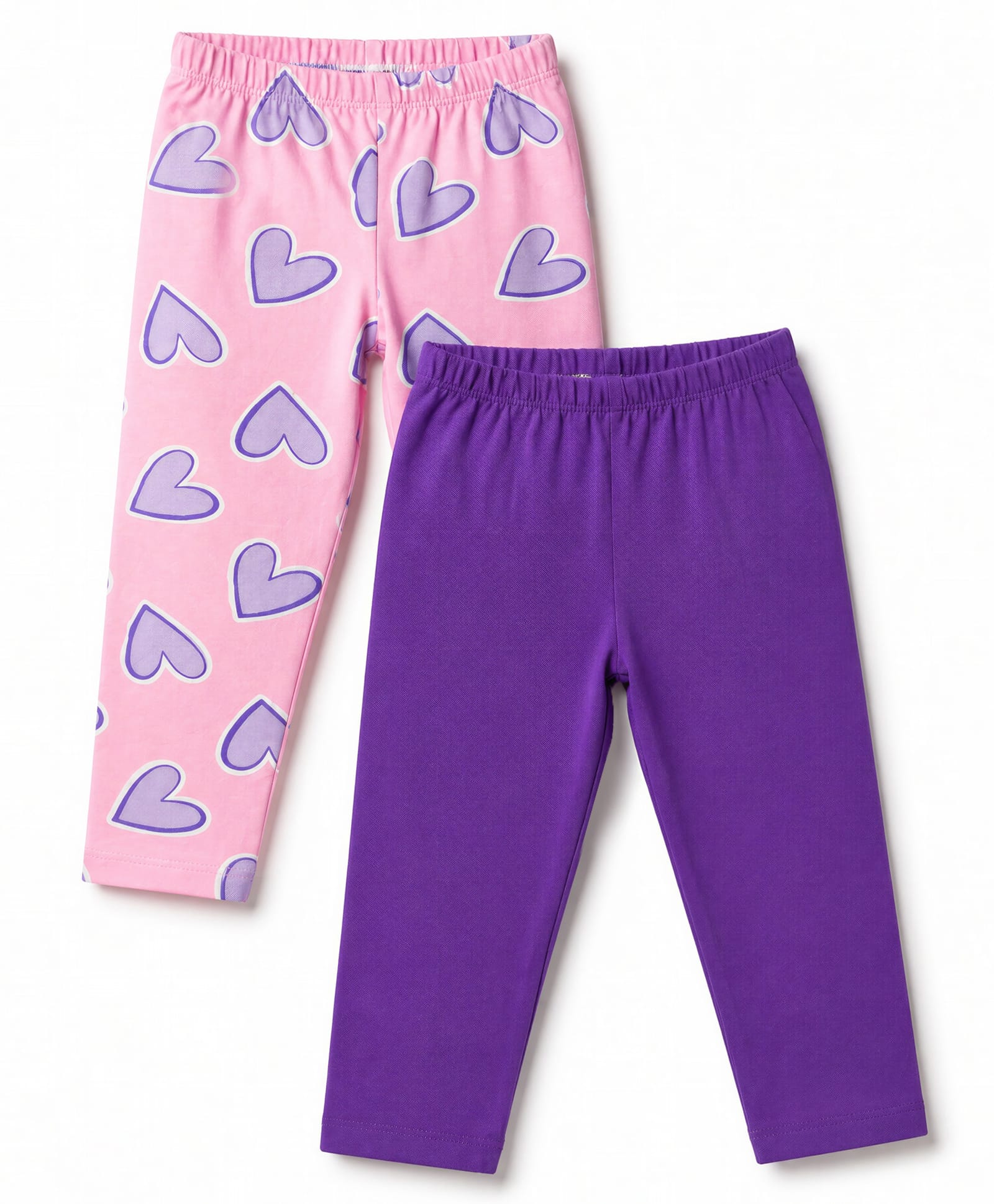 Babyhug Cotton Lycra Knit Full Length Leggings With Heart Print Pack of 2 - Pink & Purple-picture-22